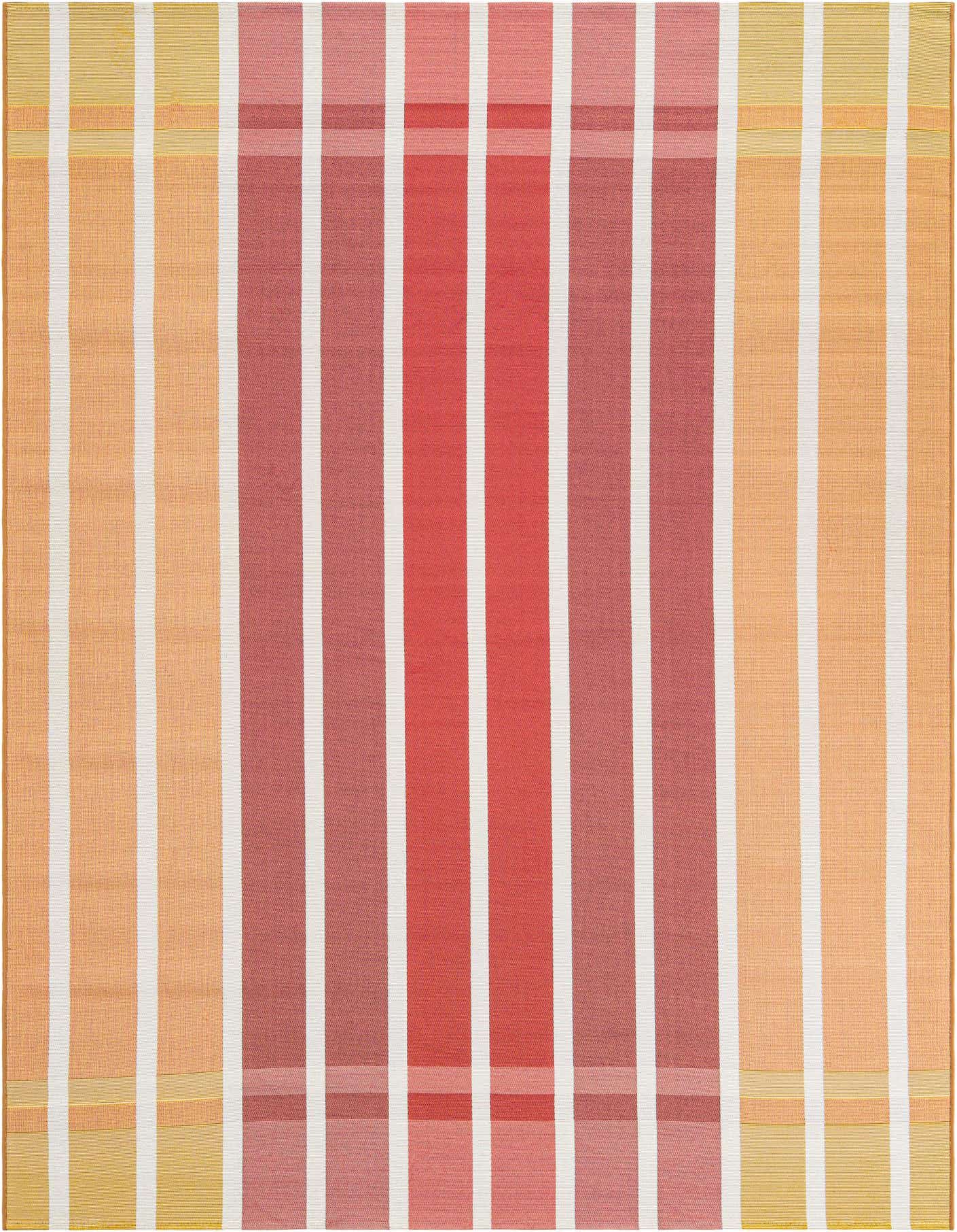 A 6x9 rectangular modern stripe rug featuring vertical bands of orange, pink, and white, suitable for indoor or outdoor spaces.