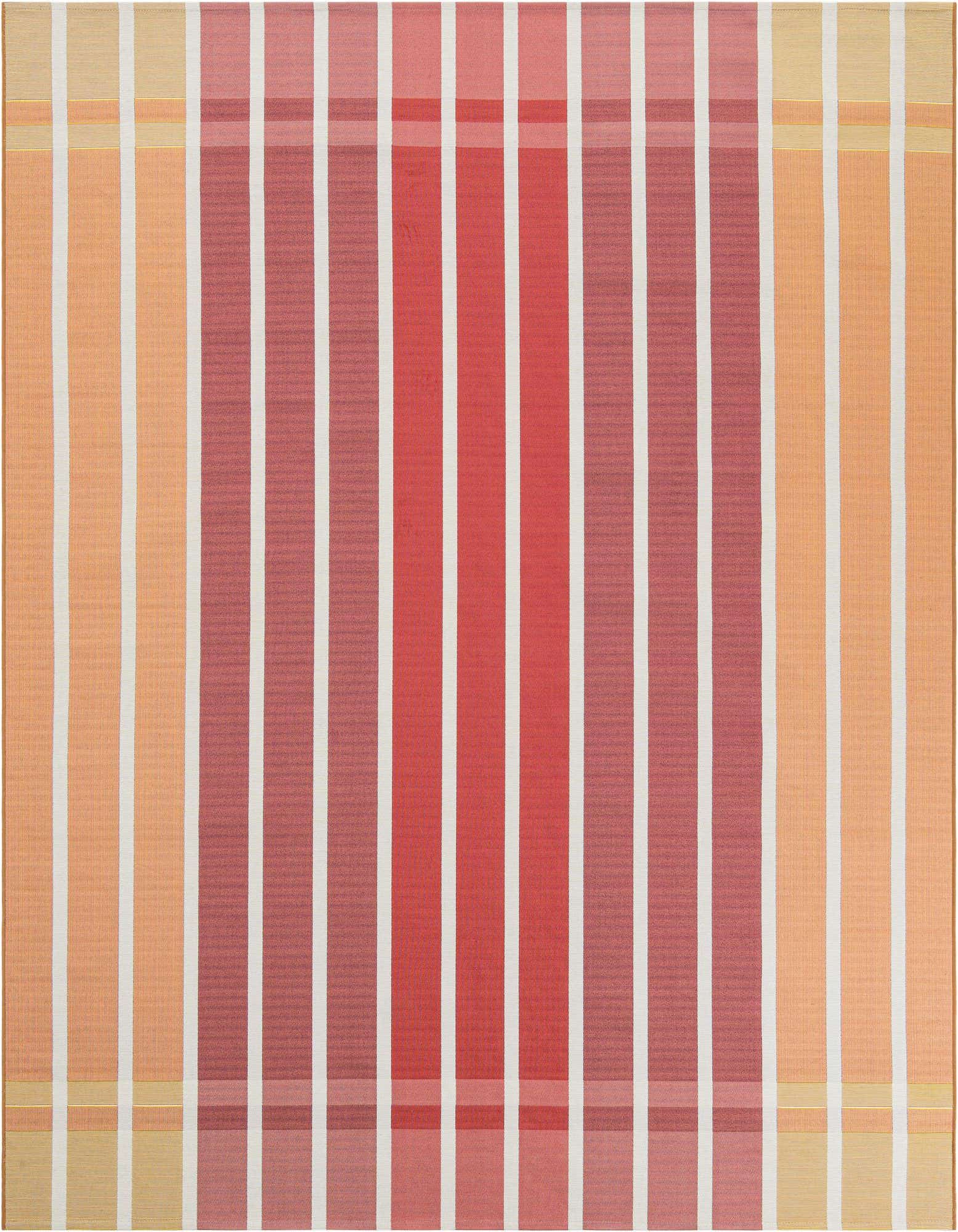 A modern 8x10 rectangular rug featuring bold vertical stripes in varying shades of orange, pink, and red, with thin white accent stripes.