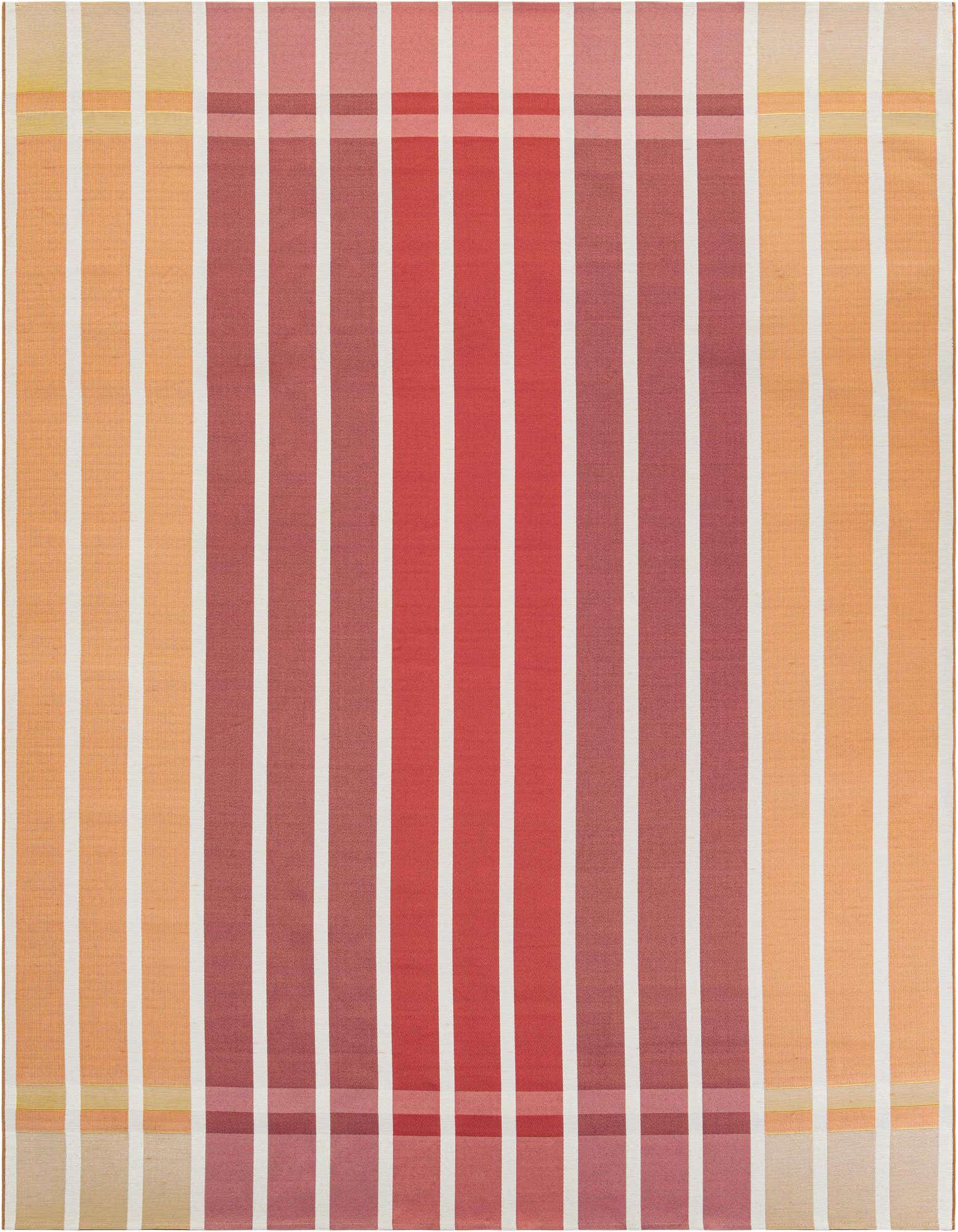 A 9x12 rectangular Rugs.com Outdoor Ribbon rug featuring modern vertical stripes in varying shades of orange, pink, and white.