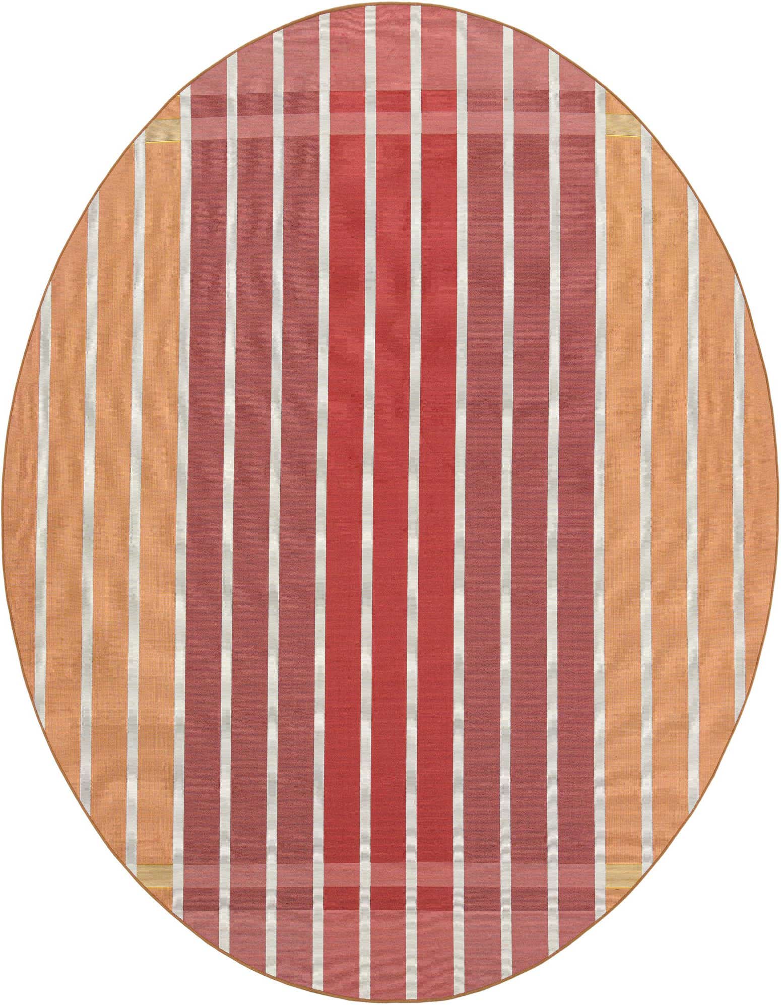 A 10-foot round outdoor rug featuring modern vertical stripes in shades of orange, pink, and white.