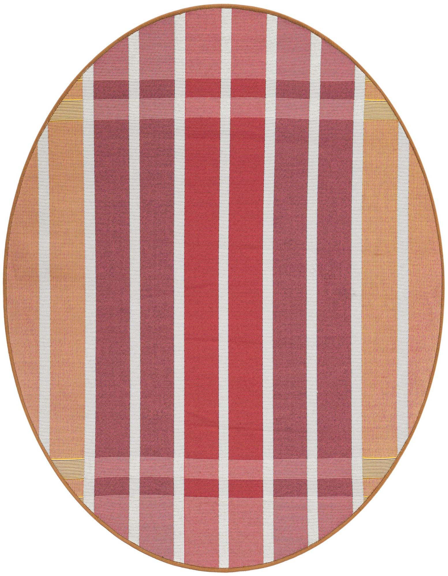 A 4' round indoor/outdoor rug with a modern stripe pattern in shades of orange, pink, and red, featuring white accents.