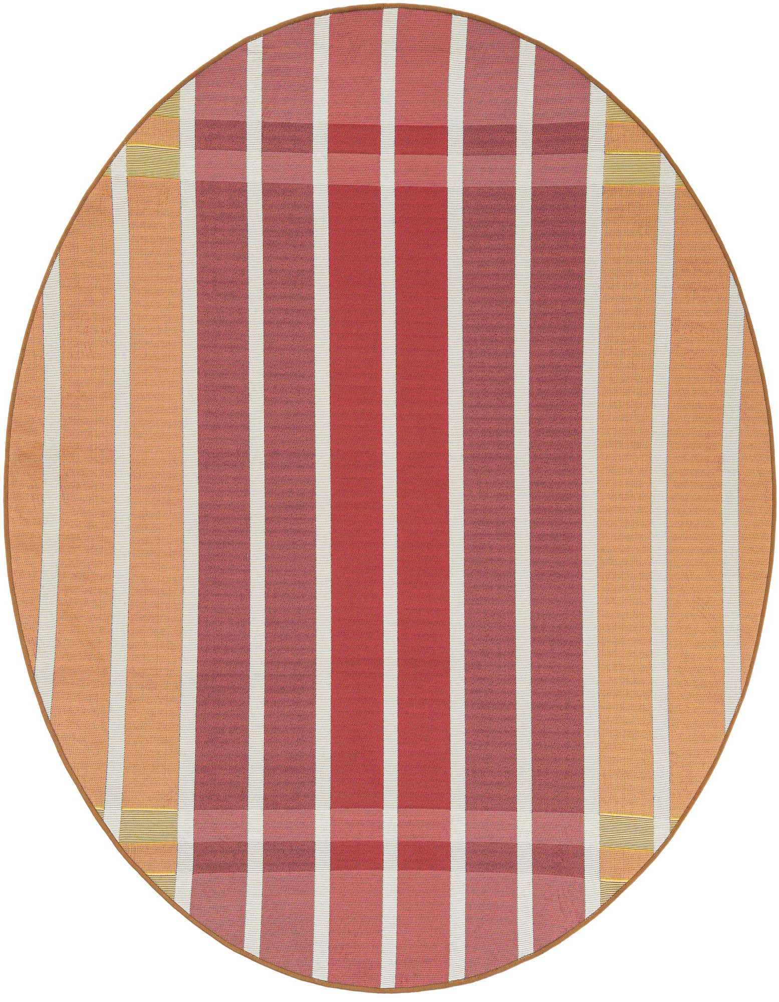 Round Outdoor Ribbon rug with vertical stripes in shades of orange, pink, and white, suitable for a patio.