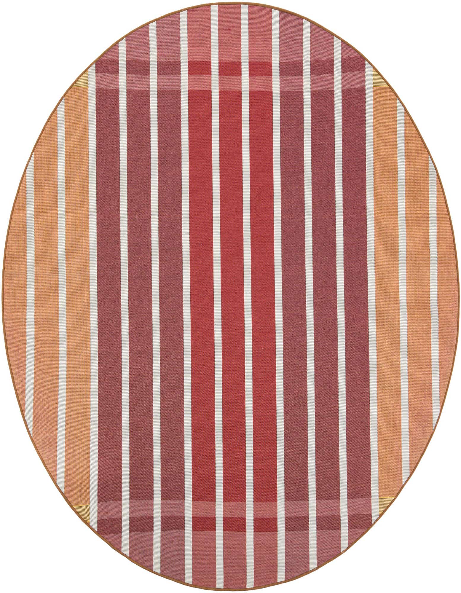 A round 7' 10 x 7' 10 orange, pink, and white striped outdoor rug, ideal for a patio.