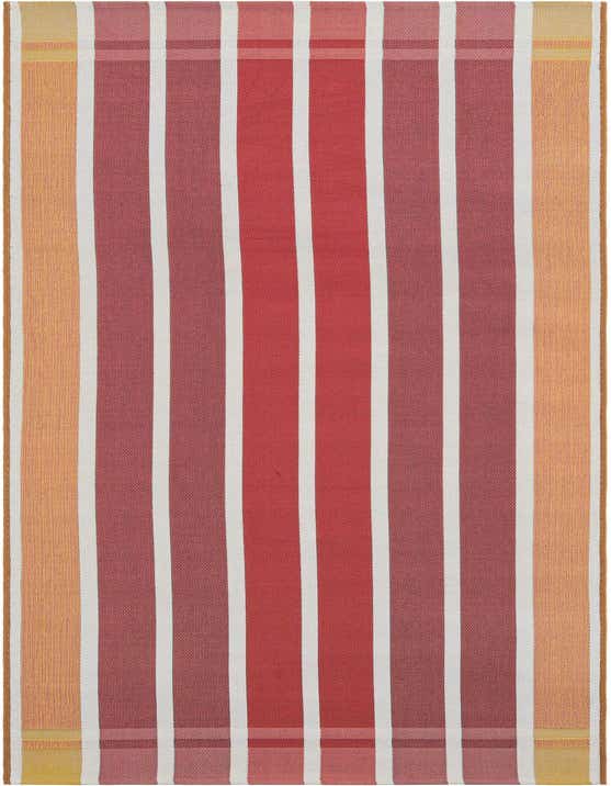 A 10 ft runner rug featuring vertical stripes in varying shades of orange, pink, and red, interspersed with thin white stripes.