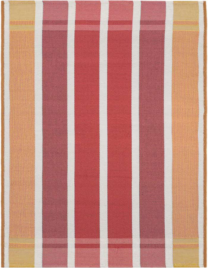 A 6 ft runner rug featuring bold vertical stripes in varying shades of orange, pink, and white, with subtle horizontal bands at the ends.