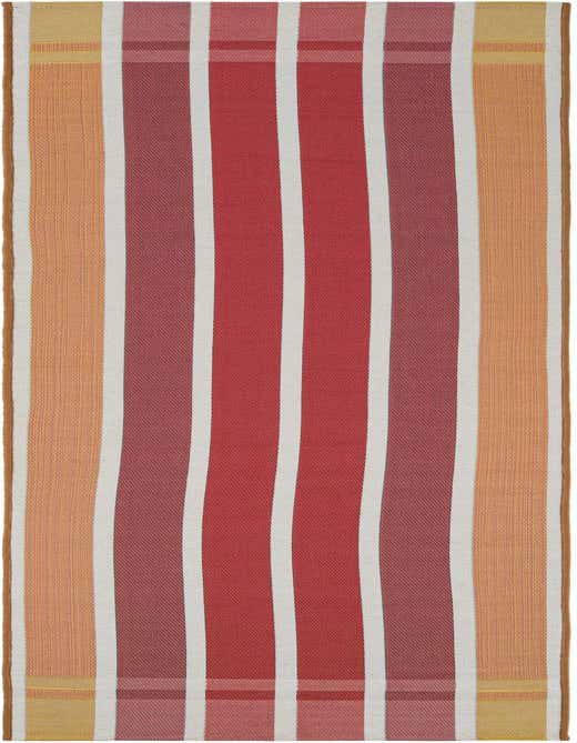 A vibrant 8 ft runner rug with bold vertical stripes in shades of orange, pink, and white, suitable for indoor/outdoor use.