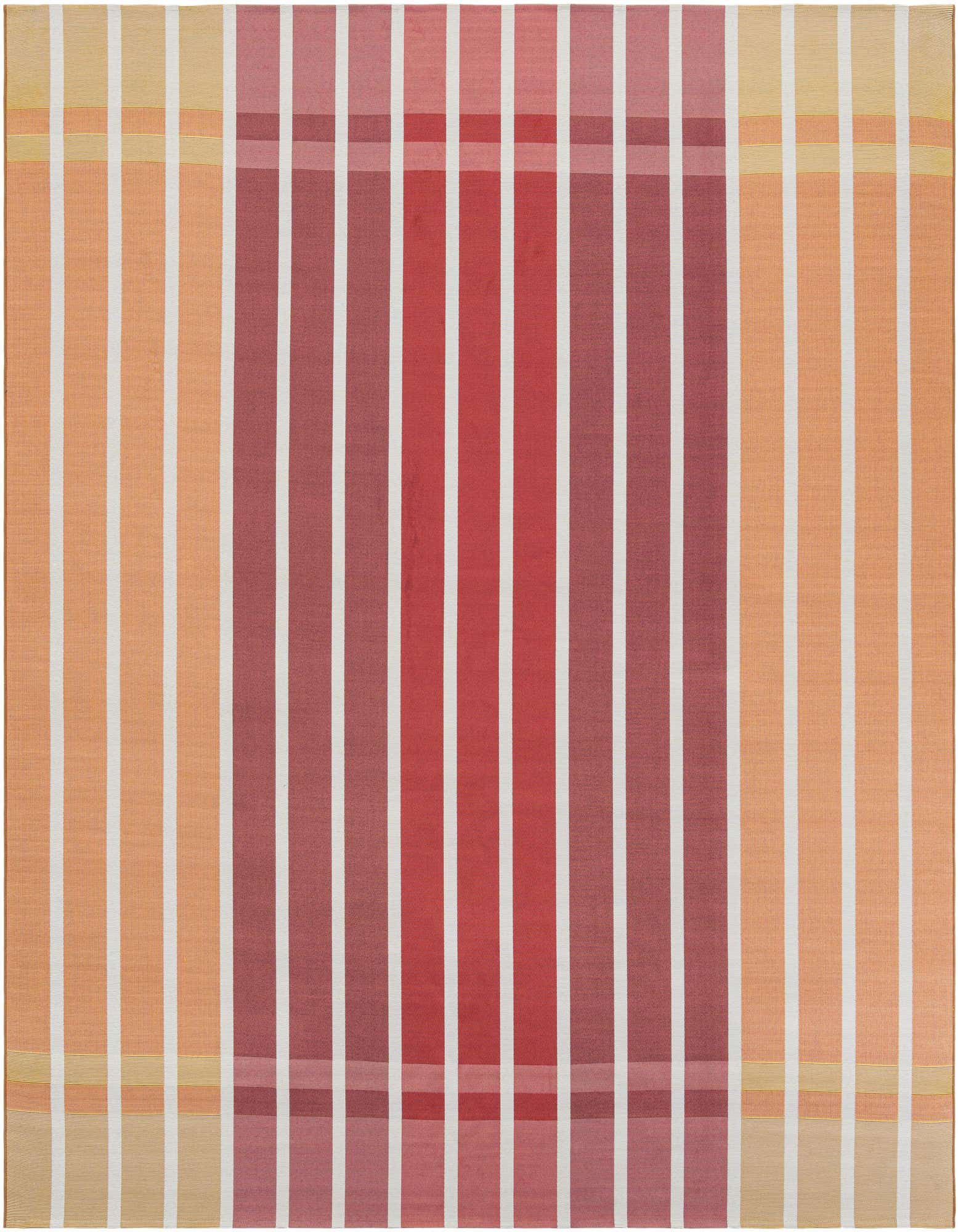 A 10'x10' square Rugs.com Outdoor Ribbon rug featuring modern vertical stripes in varying shades of orange, pink, and white.
