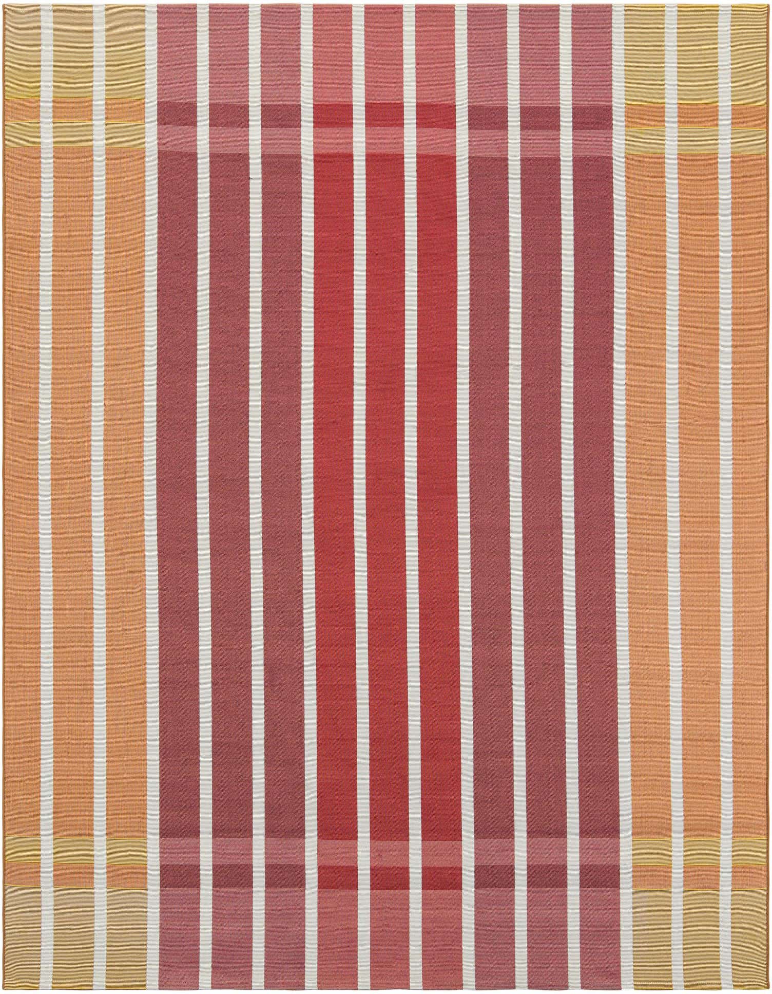 A 7' 10 x 7' 10 square modern outdoor rug featuring bold vertical stripes in varying shades of orange, pink, and red, with thin white accent stripes and subtle horizontal bands.