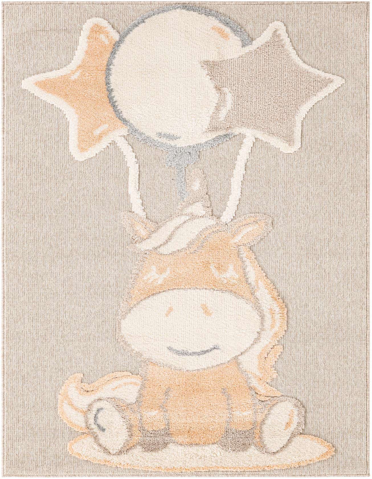 A rectangular 4x6 peach blossom rug featuring a smiling unicorn holding a moon and stars, perfect for a child's bedroom.