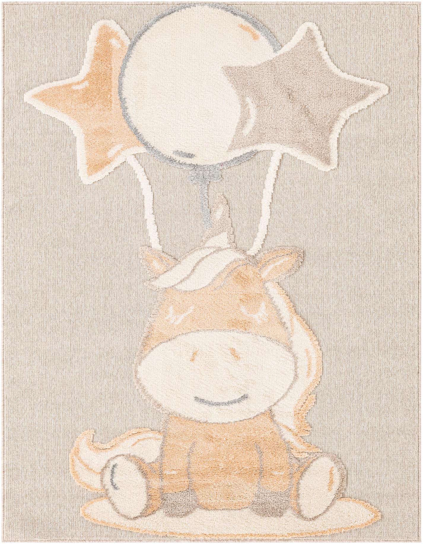 A rectangular 5x7 Peach Blossom rug featuring a cute unicorn holding a balloon and two stars, ideal for a child's indoor space.
