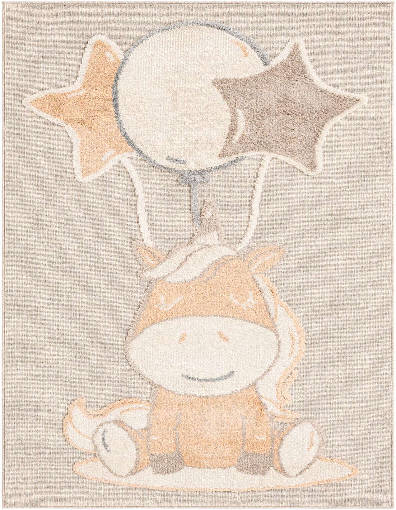 A rectangular 5x8 Peach Blossom rug featuring a cute unicorn holding balloons and stars, perfect for a child's bedroom.