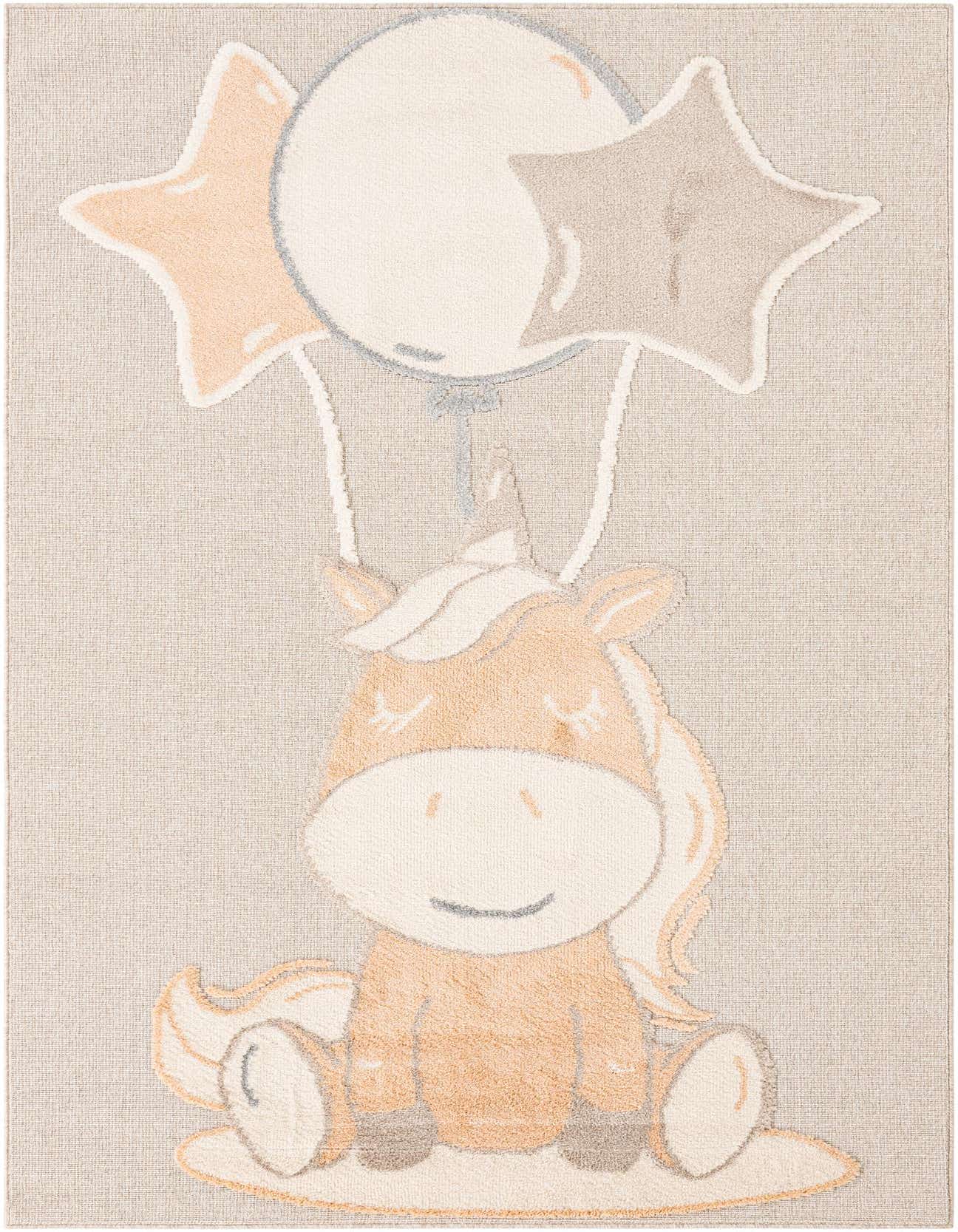 A rectangular 6x9 peach blossom rug featuring a cute unicorn holding a round balloon and two star balloons.