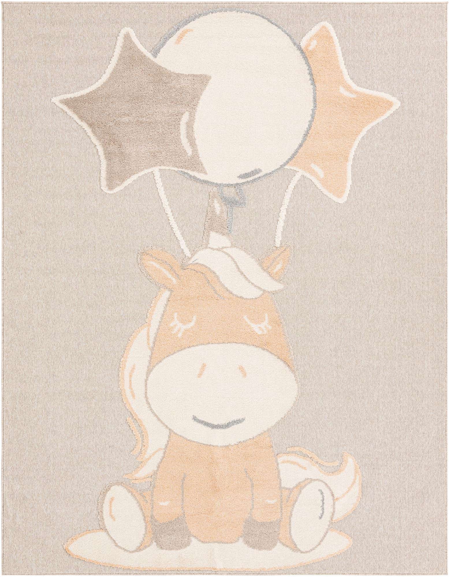 A rectangular 8x10 Peach Blossom rug featuring a cute, smiling unicorn holding a large round balloon and two star-shaped balloons.