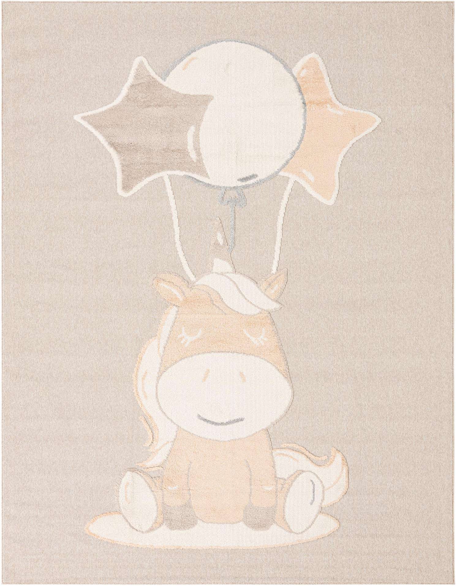 A rectangular Peach Blossom rug featuring a cute cartoon unicorn holding three balloons in varying shades of peach, gray, and white.