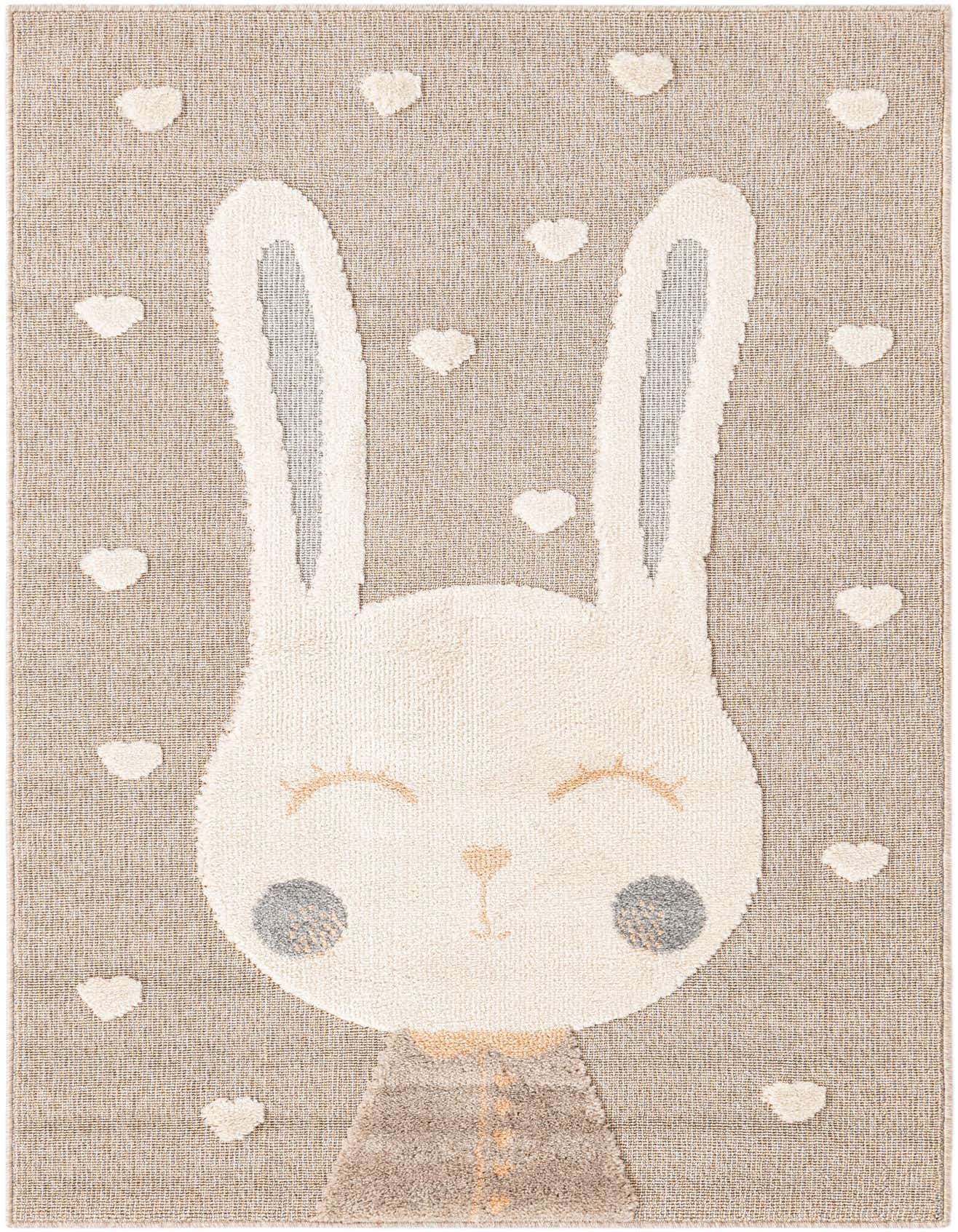 A rectangular 4x6 Peach Blossom rug featuring a large, textured white bunny face with closed eyes and gray cheeks, surrounded by small white hearts.