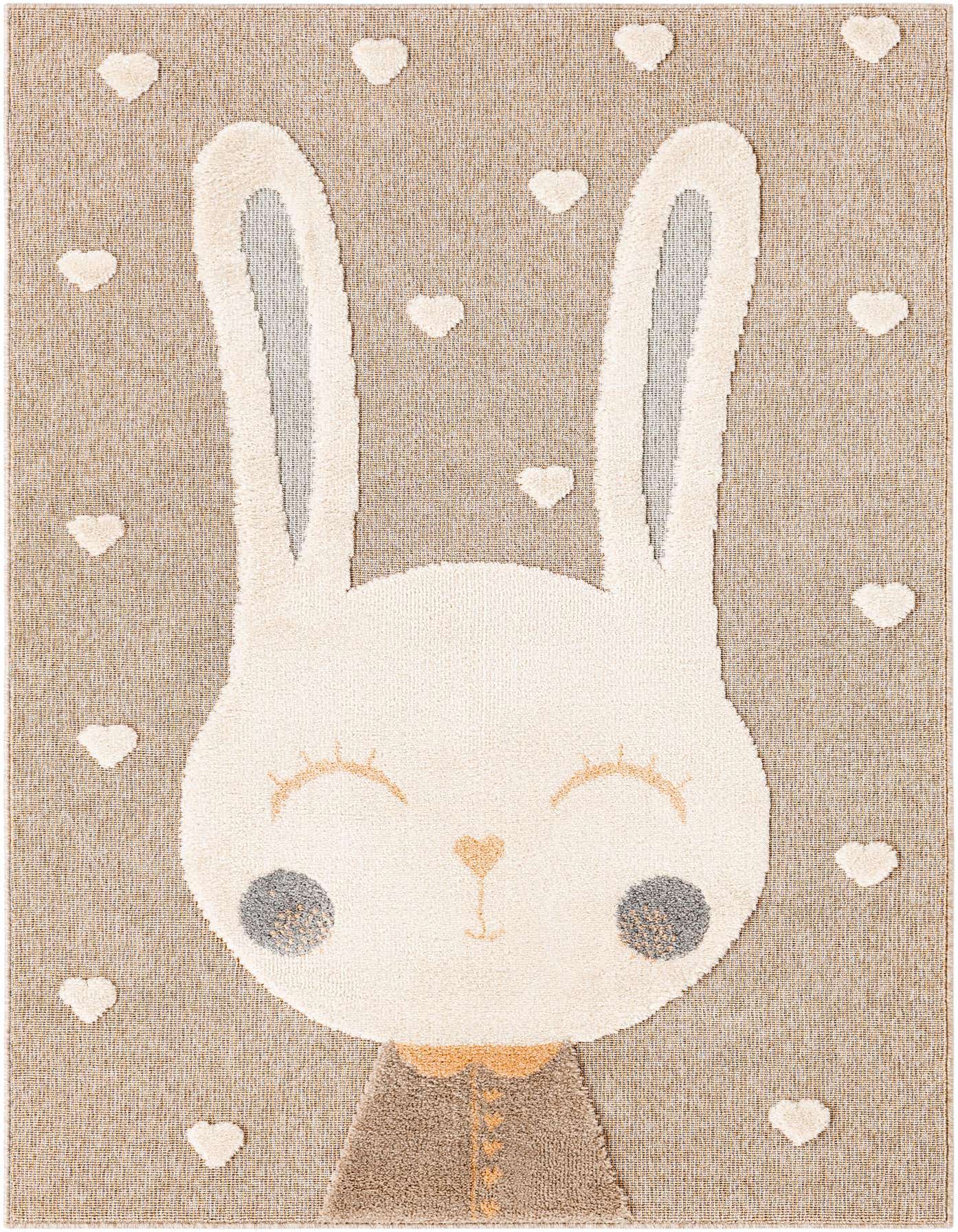 A rectangular Peach Blossom rug featuring a large, friendly white bunny face with long ears and small white hearts scattered around it, perfect for a child's room.