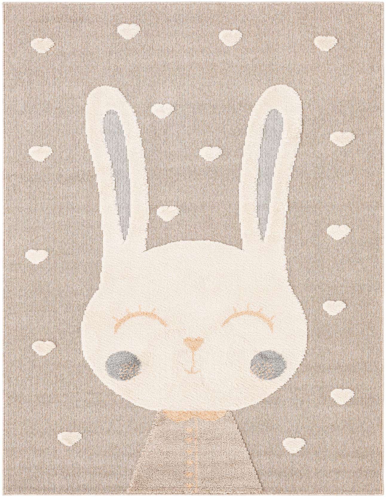 A rectangular 5x8 Peach Blossom rug featuring a large, smiling white bunny with gray ears and cheeks, surrounded by small white hearts.