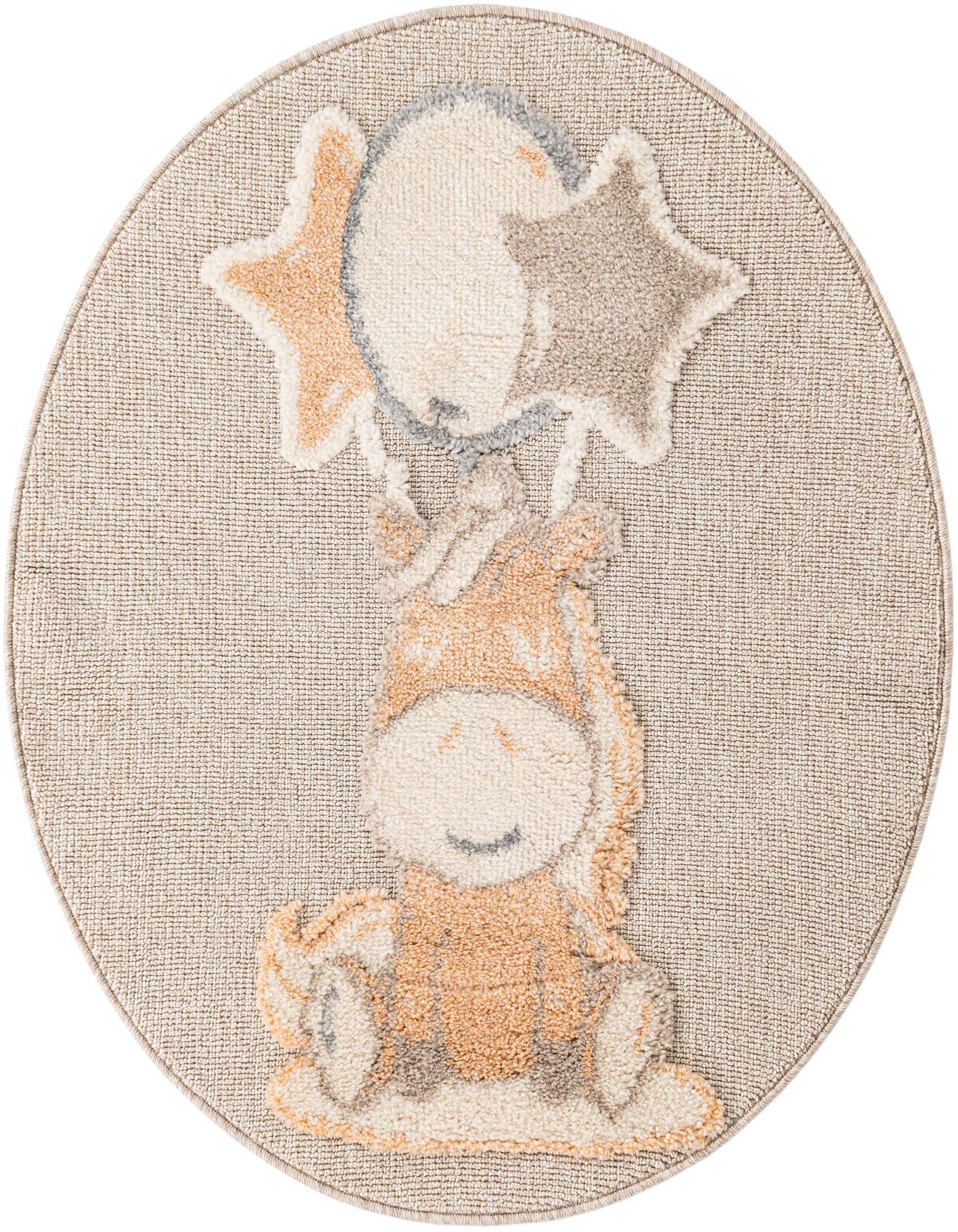 A round peach blossom rug featuring a cute sitting animal holding a moon and stars, ideal for a child's room.