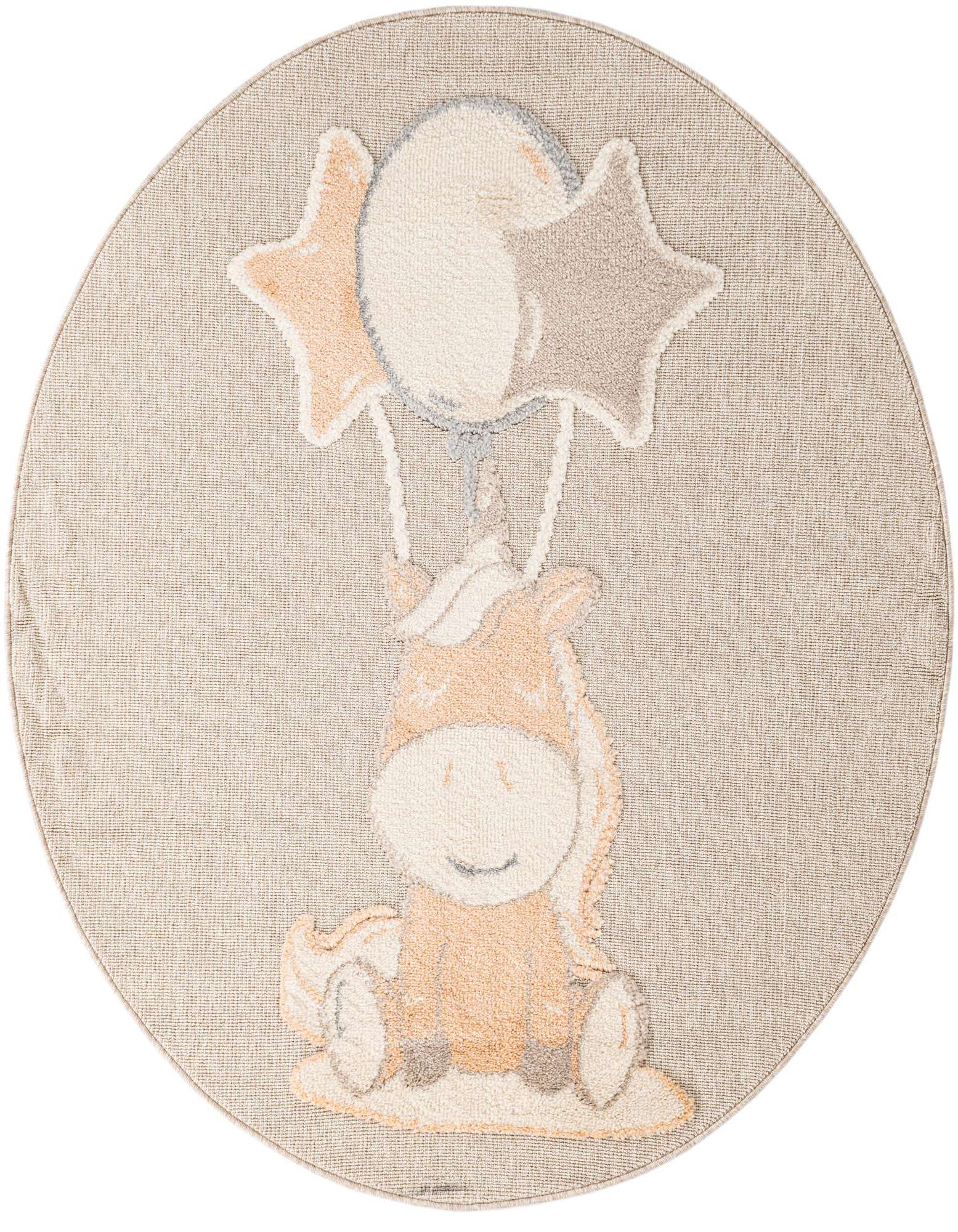 A round peach blossom rug featuring a cute unicorn holding a star and a balloon, perfect for a kids' room.