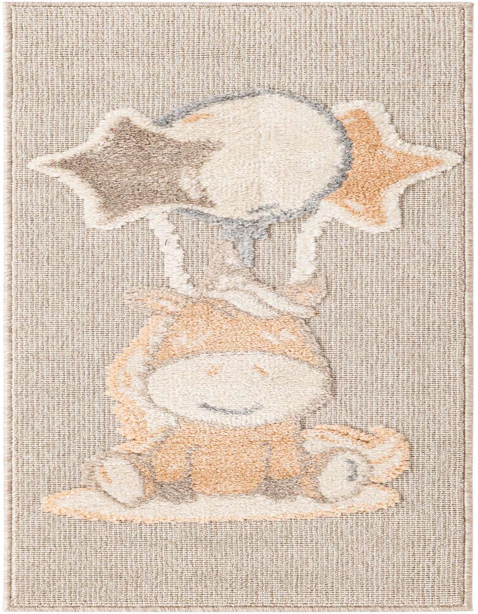 A Peach Blossom runner rug featuring a whimsical cartoon character holding star and balloon shapes, ideal for a child's room or hallway.