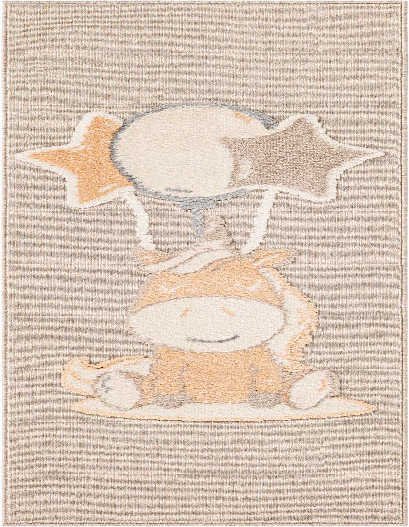 A 6 ft runner rug featuring a cute peach blossom unicorn holding a moon and stars on a light beige background, perfect for a child's room.