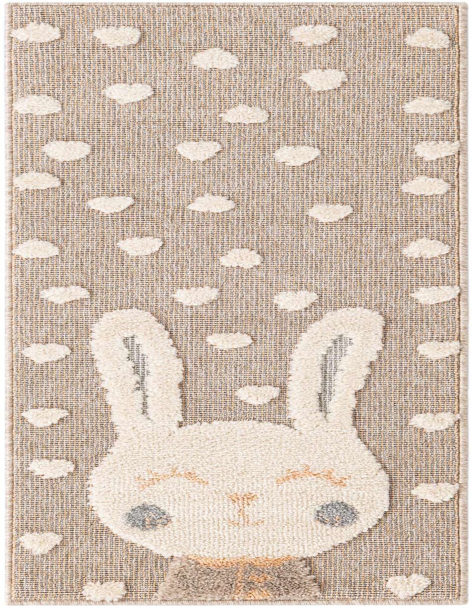 Peach Blossom runner rug featuring a smiling white bunny with textured ears and cheeks, surrounded by small white heart-shaped clouds.