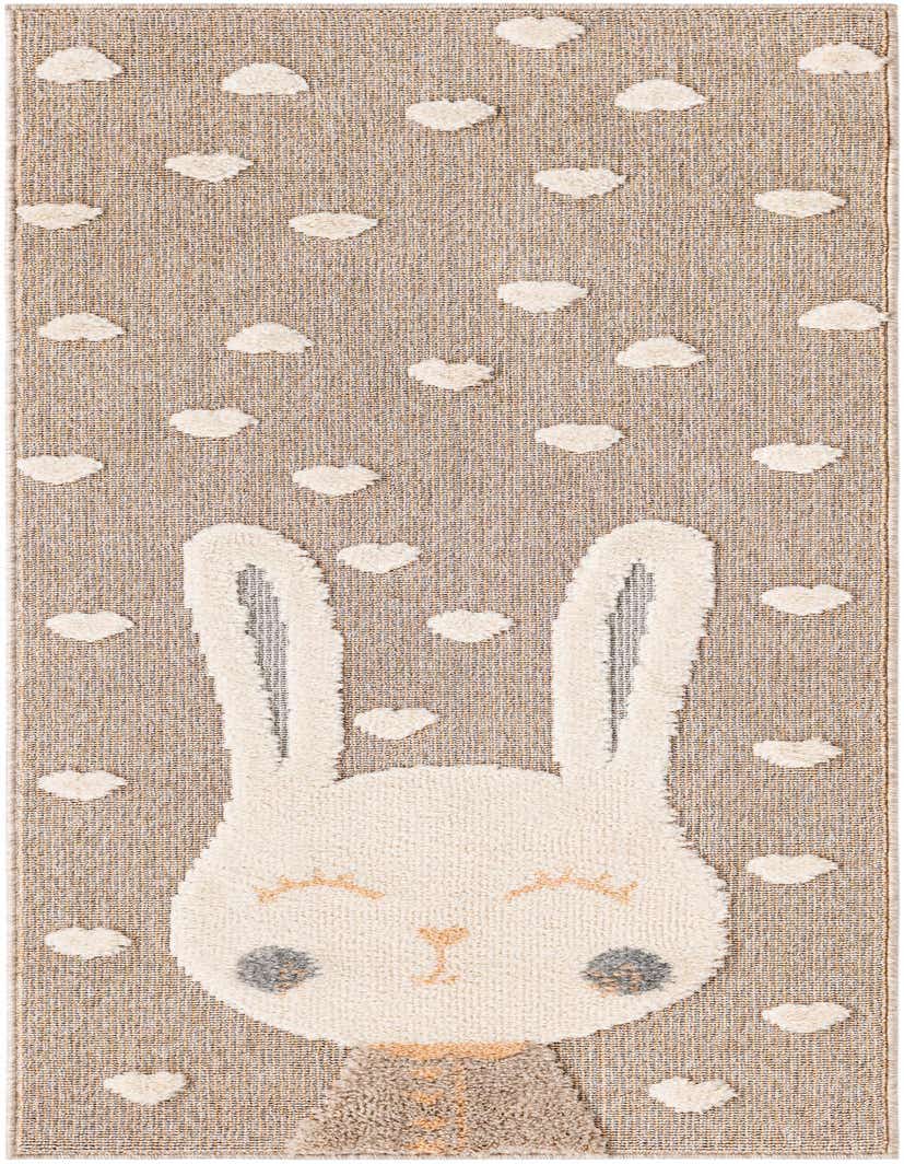 A 6 ft runner rug featuring a large, smiling white bunny with peach accents, surrounded by small white clouds on a textured peach blossom background.