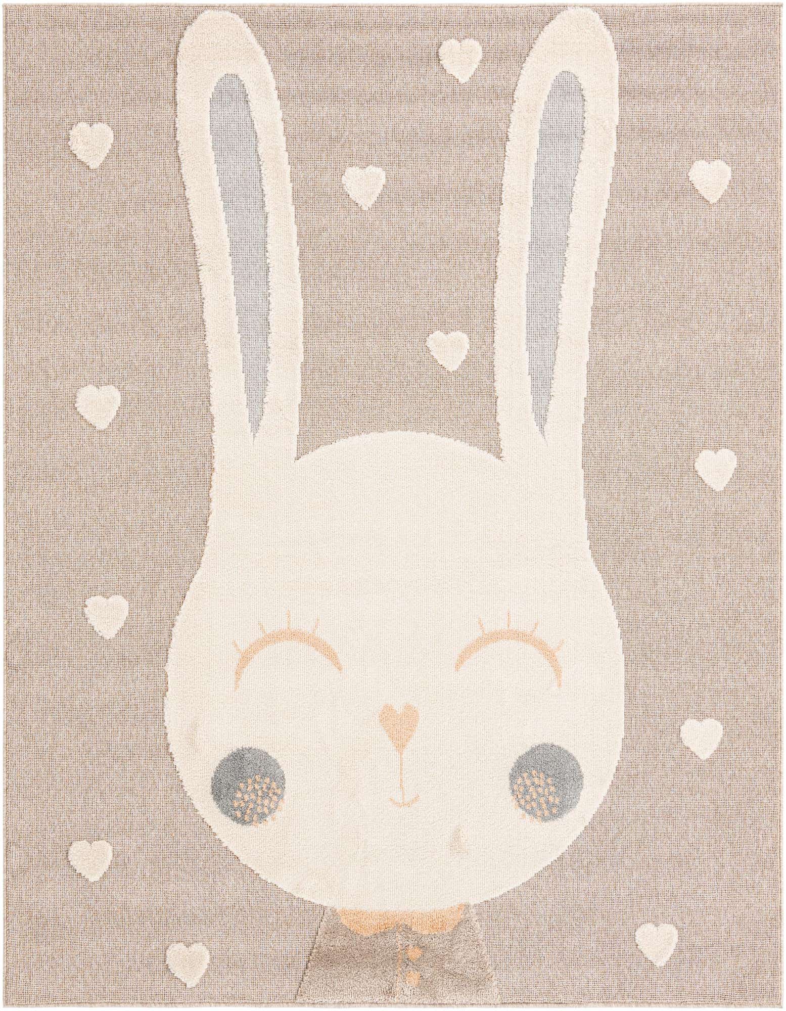 A square Peach Blossom rug featuring a large white bunny face with long ears and small white hearts scattered on a textured background.