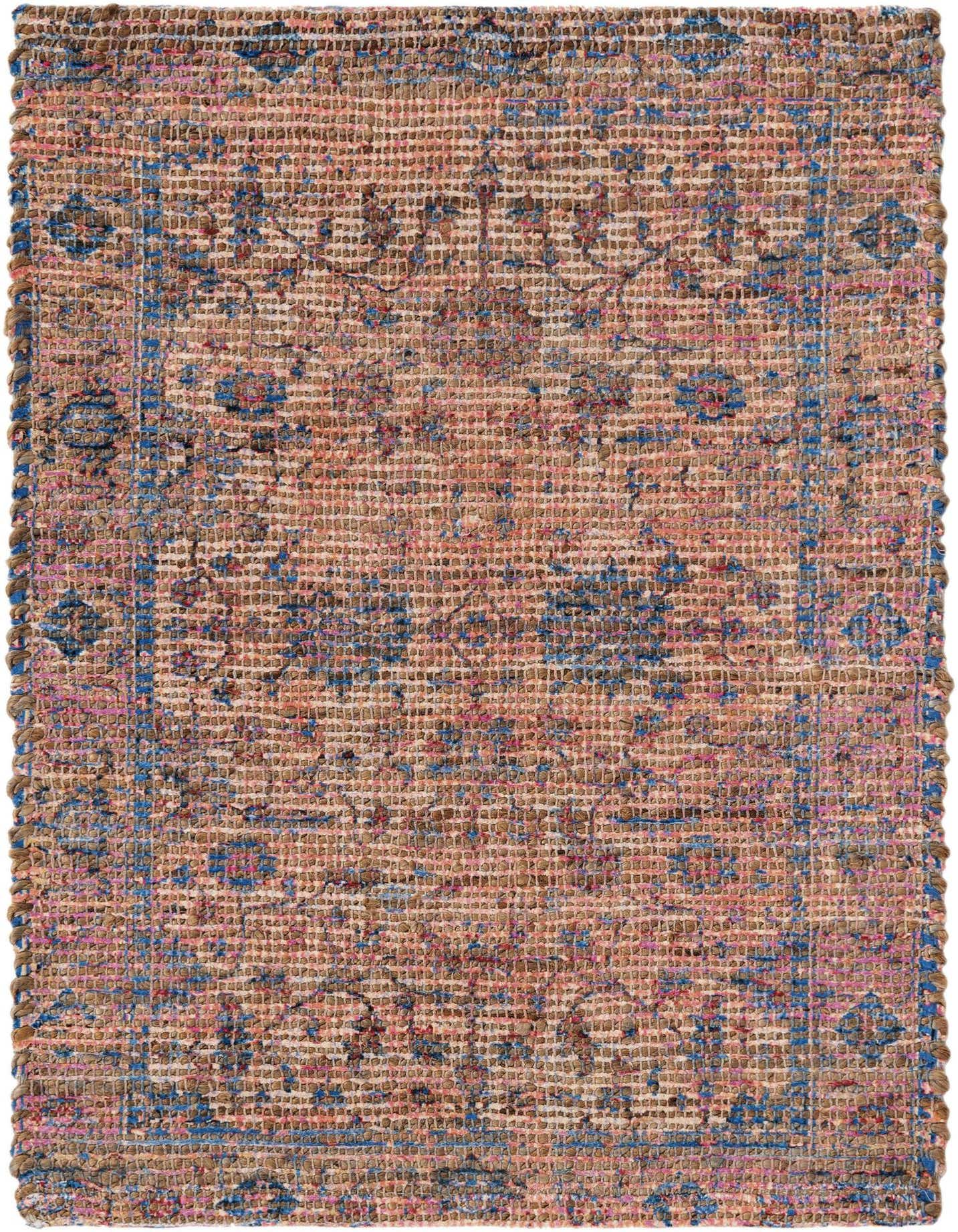 A 2x3 rectangular peach pink and blue Chenille Jute rug with a subtle coastal pattern, suitable for an entryway.