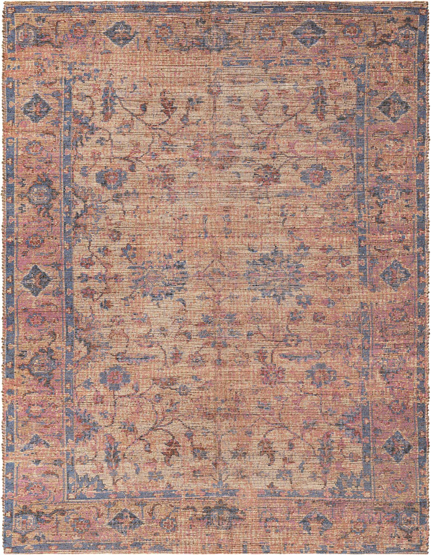 A 9x12 rectangular peach pink Chenille Jute rug with subtle blue and red floral patterns and a distressed look, ideal for a living room.
