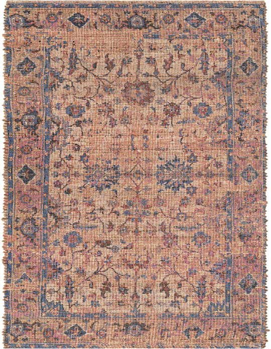 A handmade 8 ft runner rug with a peach pink background and a distressed blue and pink floral border.