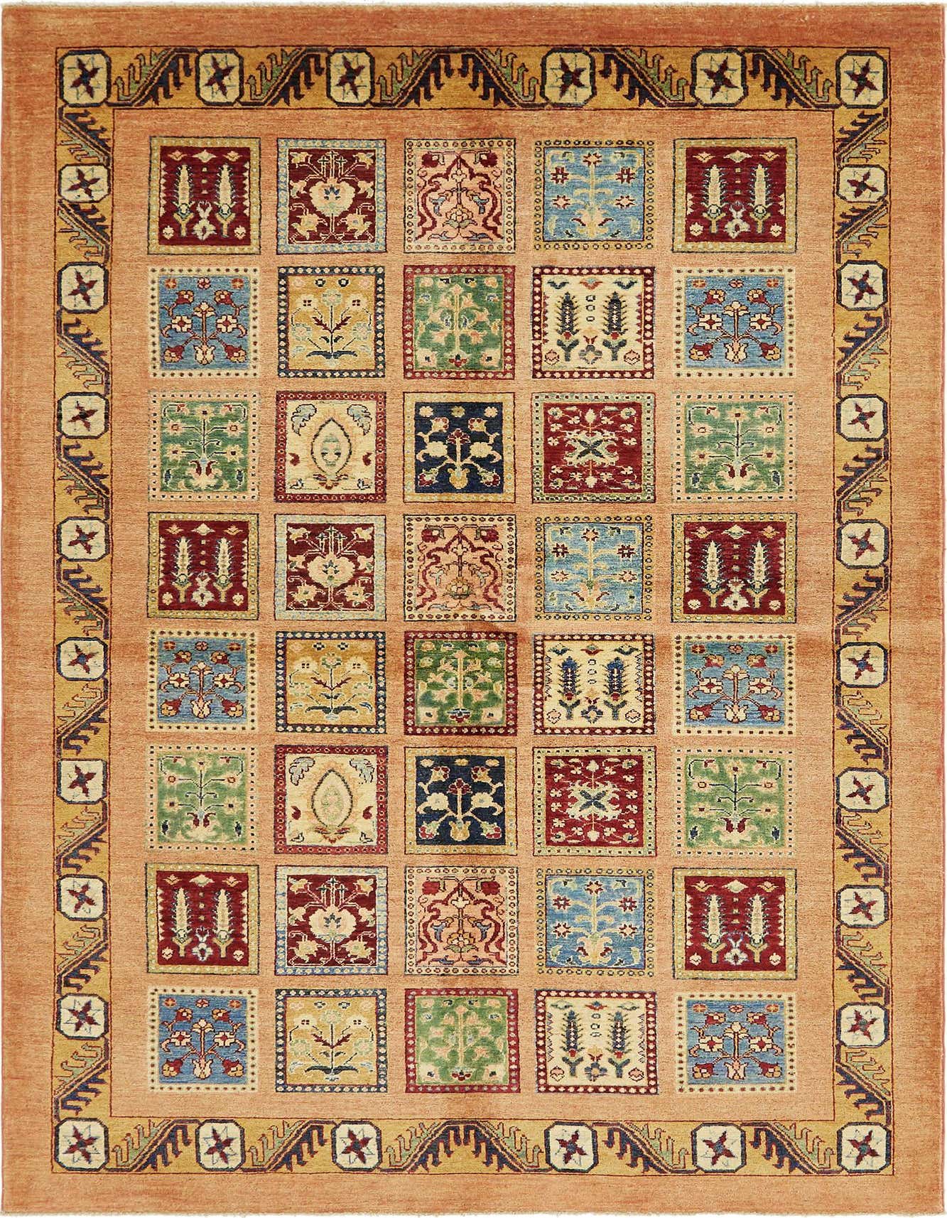 A 6x9 rectangular Ariana Ziegler rug featuring a grid of colorful traditional tribal patterns on an orange background.