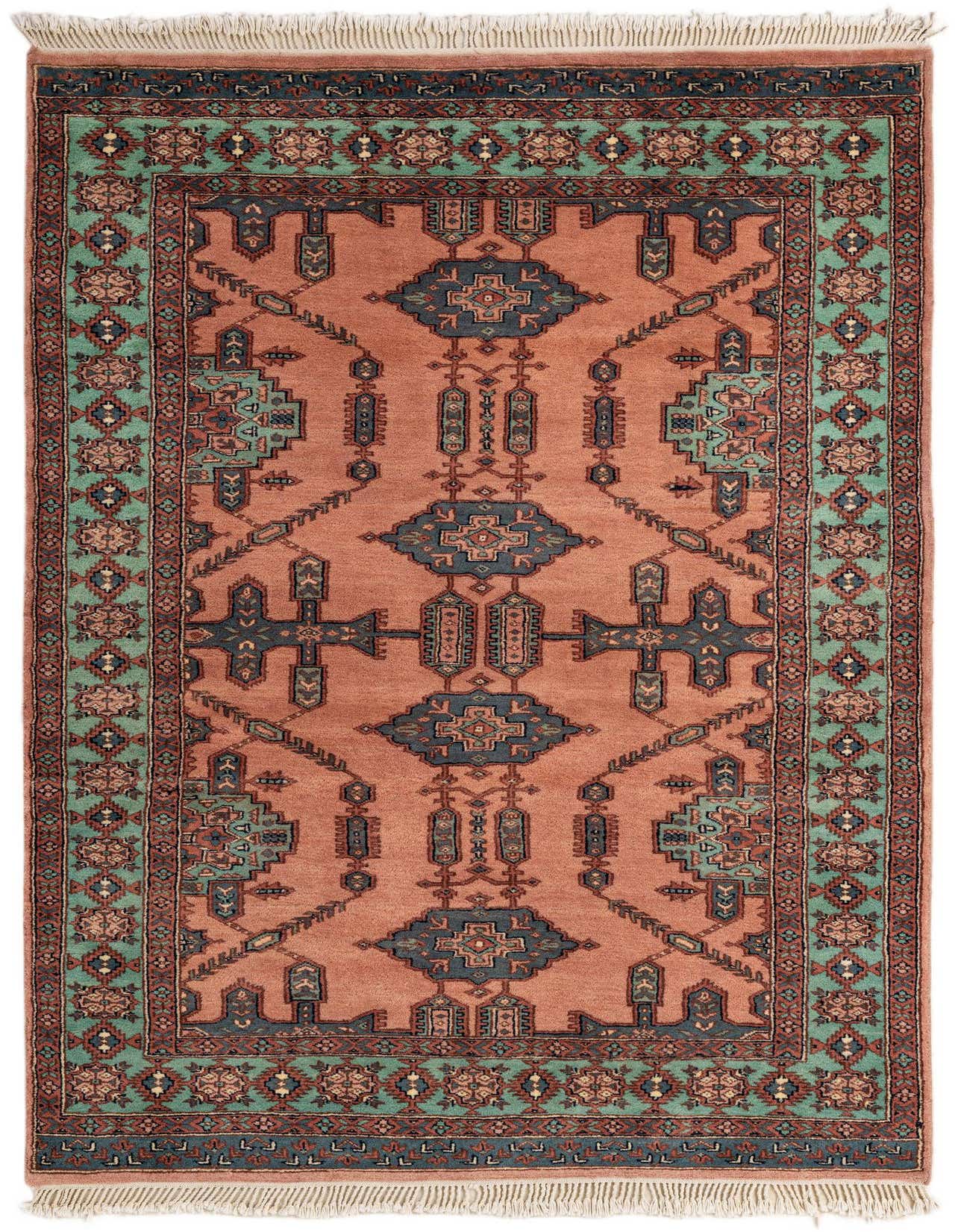A 4x6 rectangular orange wool rug with a traditional tribal pattern and teal border, featuring fringe.