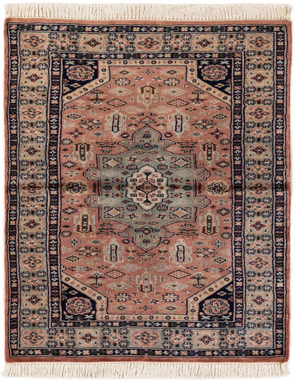 A 3x5 rectangular Bokhara rug featuring a traditional medallion pattern in shades of orange, navy, and beige, with white fringe.