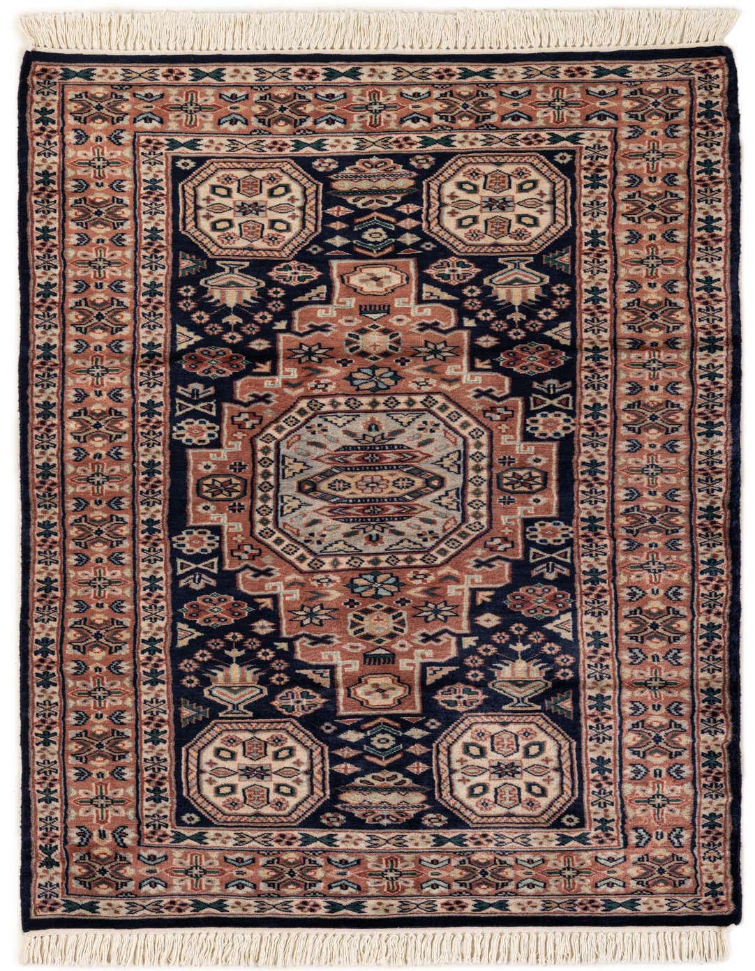 A rectangular 3x5 Bokhara tribal rug in shades of orange and navy blue, featuring intricate patterns and cream fringe.