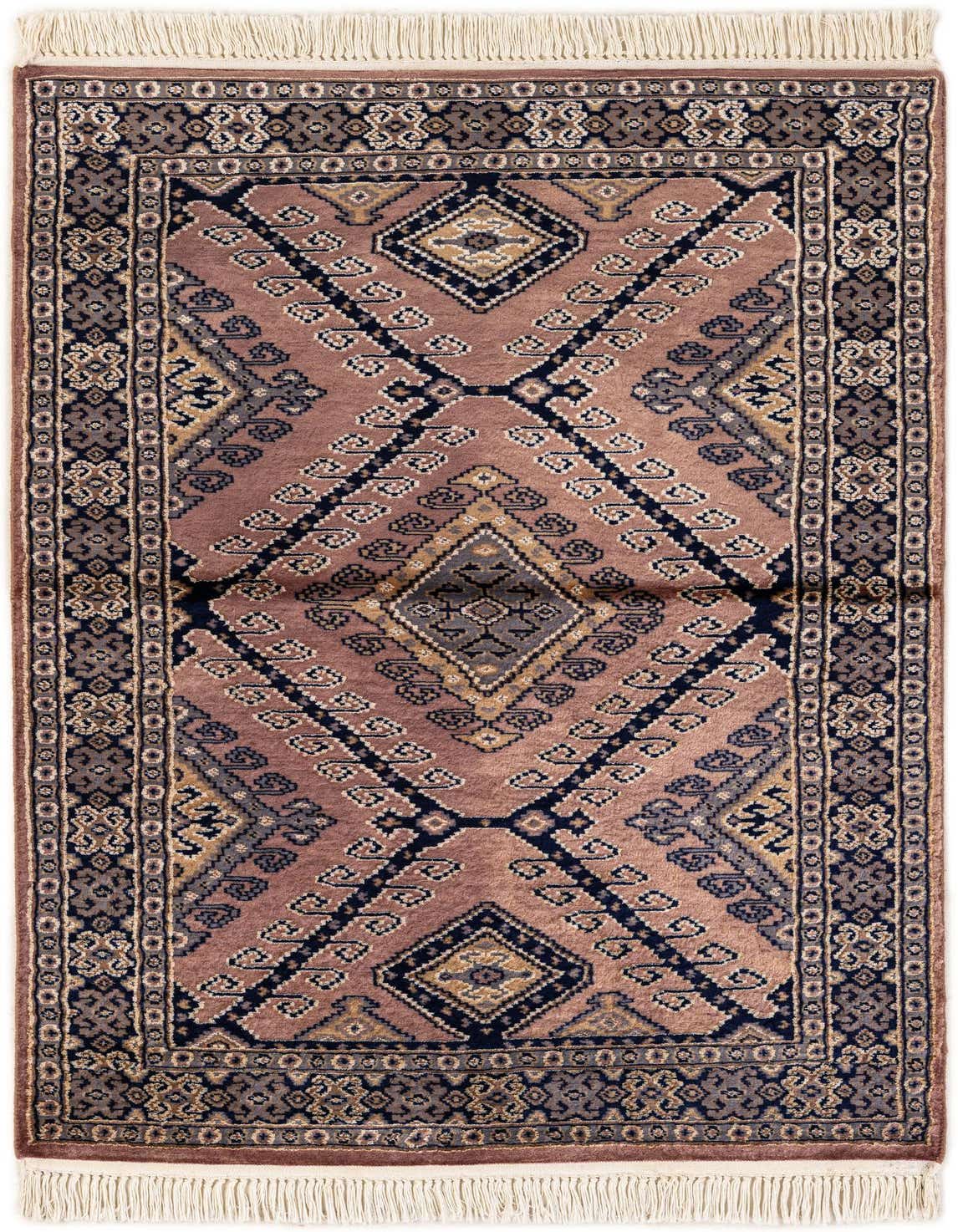 A 3x5 rectangular Bokhara rug featuring a central medallion and tribal patterns in shades of orange, brown, and navy, with fringed ends.