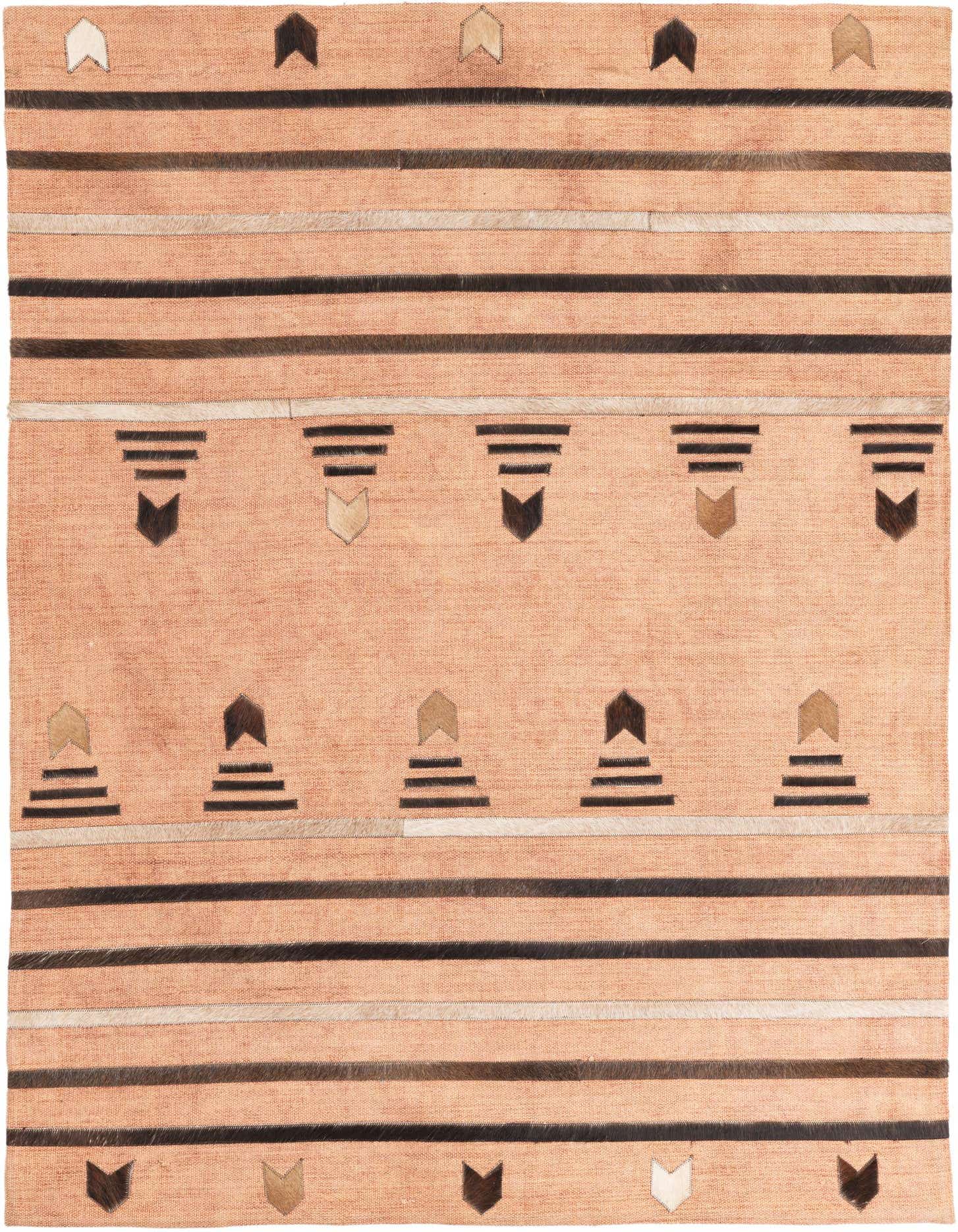 A 4x6 rectangular modern rug with an abstract pattern of horizontal stripes and geometric shapes in various shades of orange, brown, and cream.