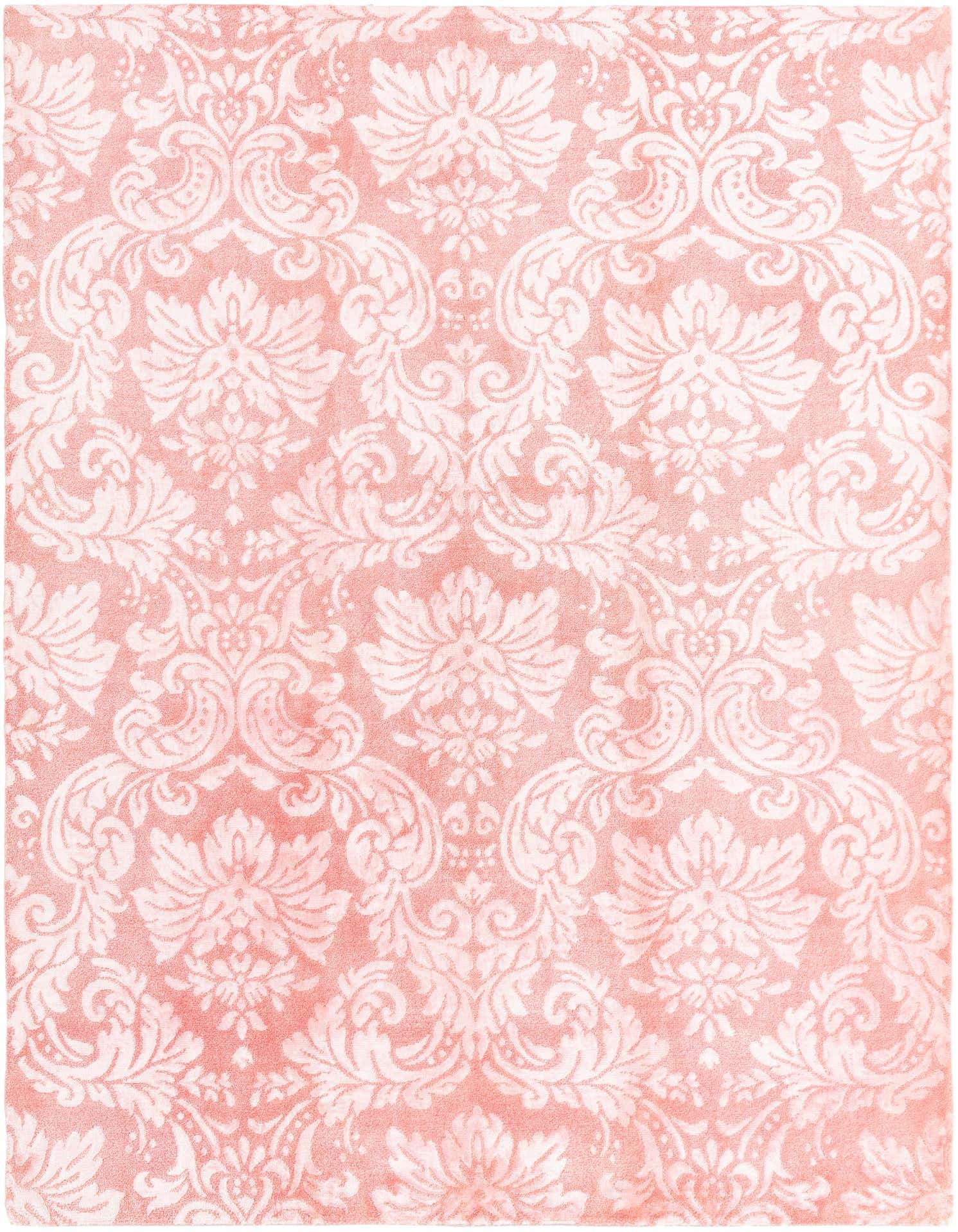 A 5x8 rectangular Darya rug by Rugs.com, featuring a light orange background with an intricate white modern oriental pattern, showcasing its high pile texture.