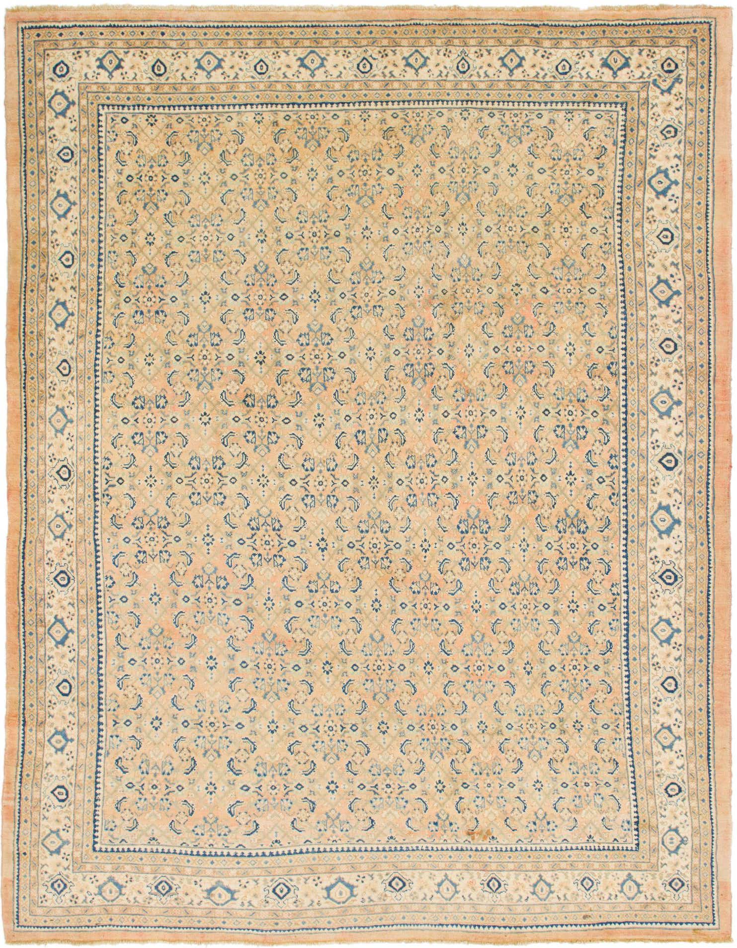 A 10x13 rectangular Farahan Persian rug in shades of orange and blue, featuring a traditional floral and medallion pattern with an intricate border.