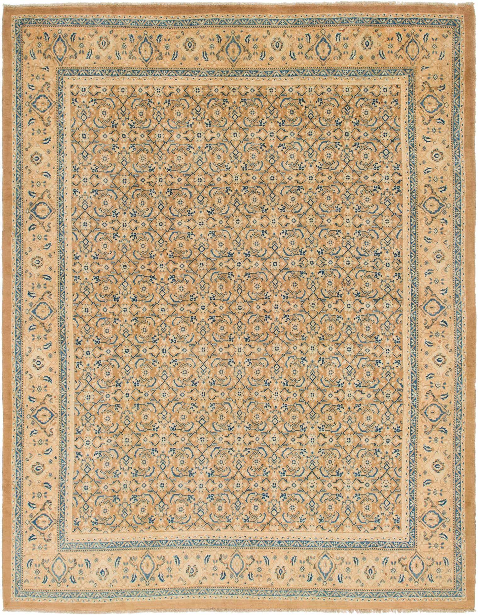 A 10x13 rectangular Farahan Persian rug in shades of orange and blue, featuring intricate traditional patterns.