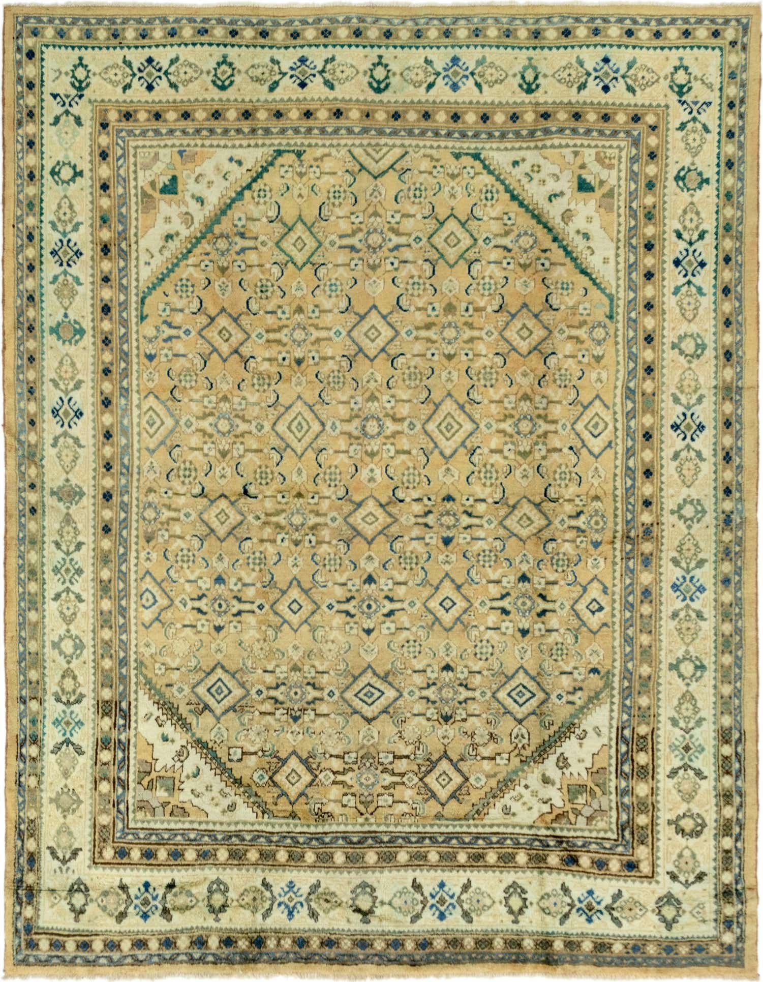 A 10x13 rectangular Farahan Persian wool rug in shades of orange, blue, and cream, featuring a traditional tribal pattern with a central medallion and intricate borders, perfect for a living room.