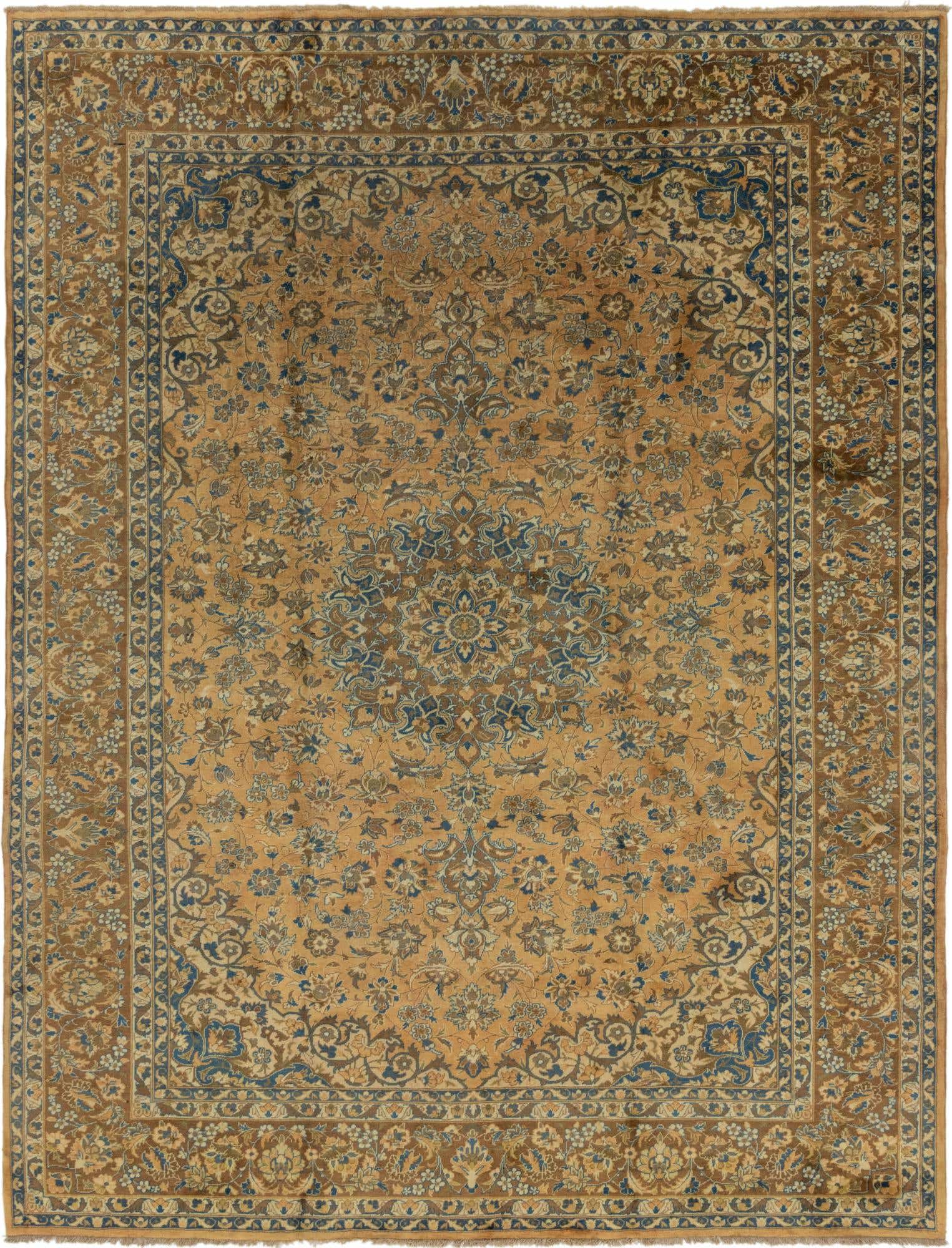 A 10x13 rectangular Persian rug featuring a traditional medallion pattern in shades of orange, brown, and blue.