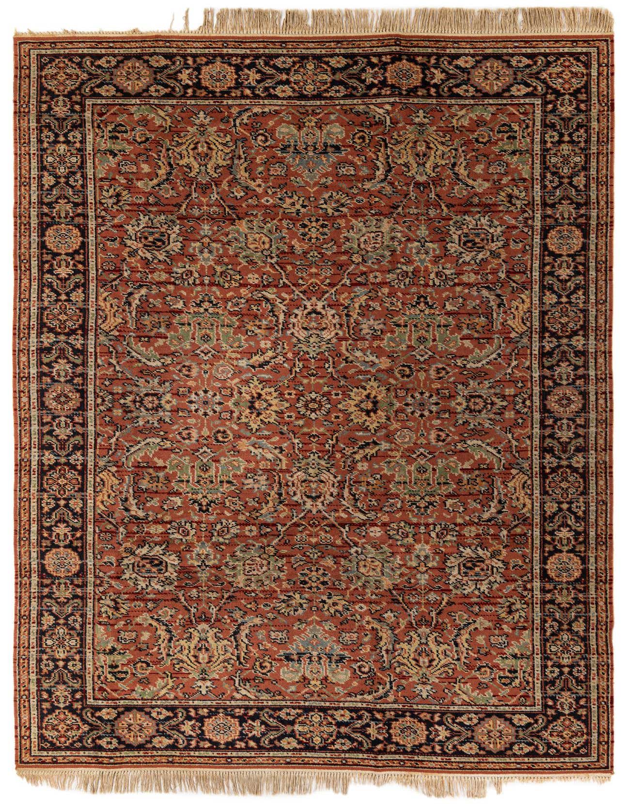 A 7x10 rectangular Rugs.com Jaipur Agra rug featuring a traditional Oriental floral pattern in shades of orange, black, and subtle greens, with fringe.