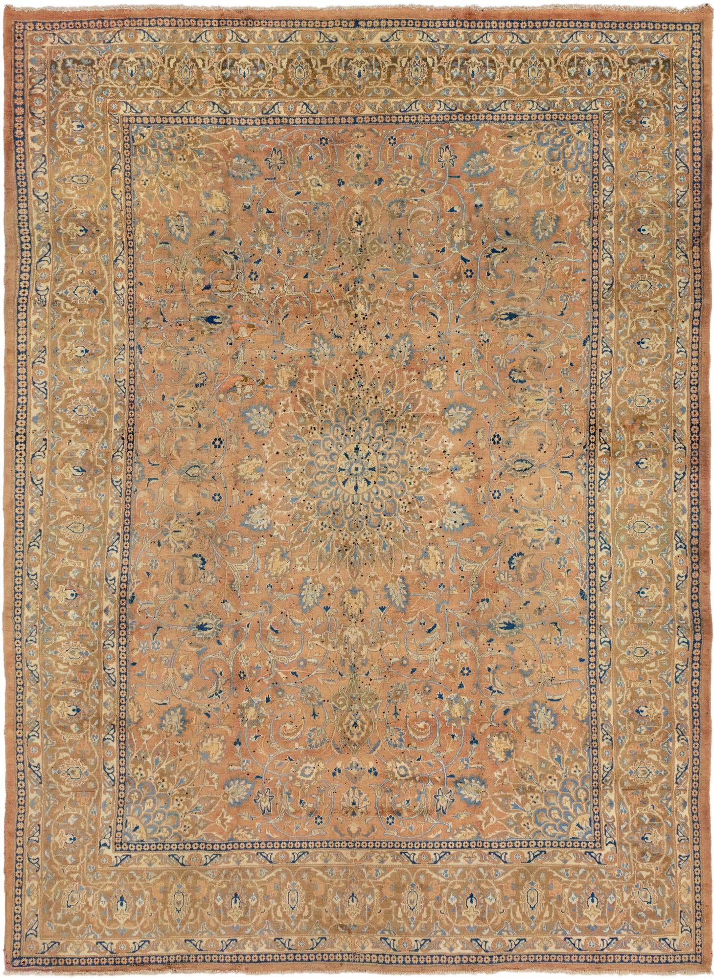 A large 10x13 rectangular orange Persian rug with a central medallion and intricate botanical patterns in blue and cream.