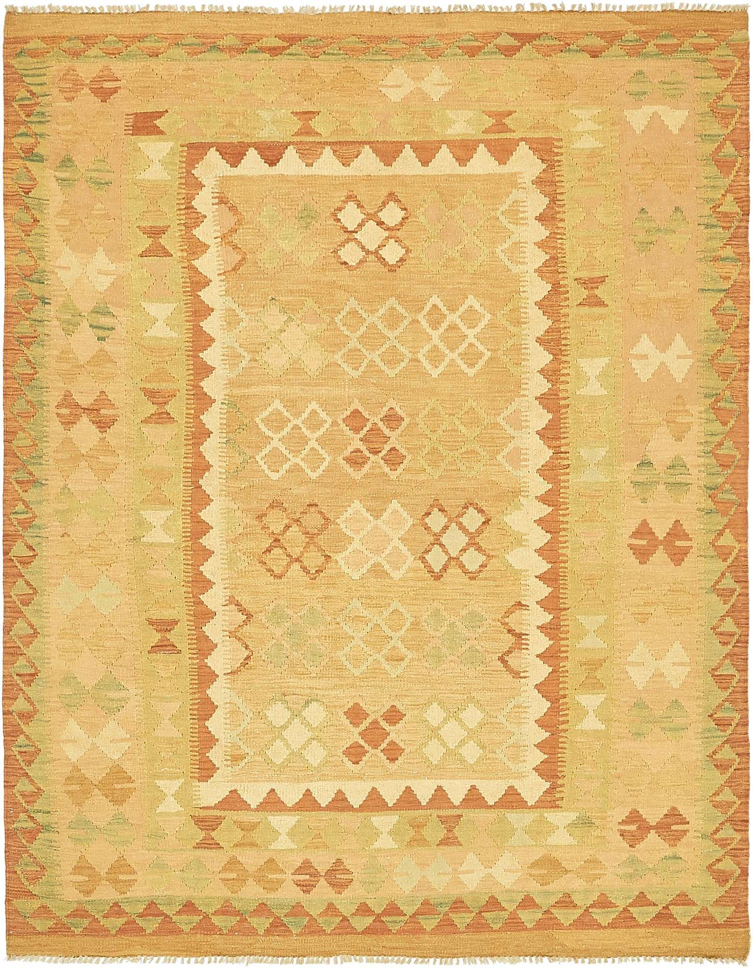 A 5x7 rectangular Kilim Waziri rug in warm oranges and earthy tones, featuring traditional tribal patterns and a flatweave texture.