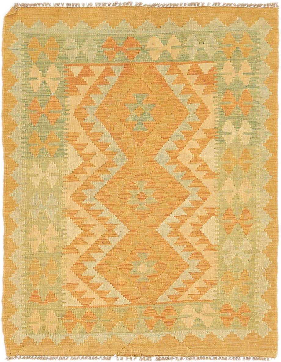 A 3x4 rectangular Kilim Waziri rug featuring a traditional tribal medallion pattern in shades of orange and light green.