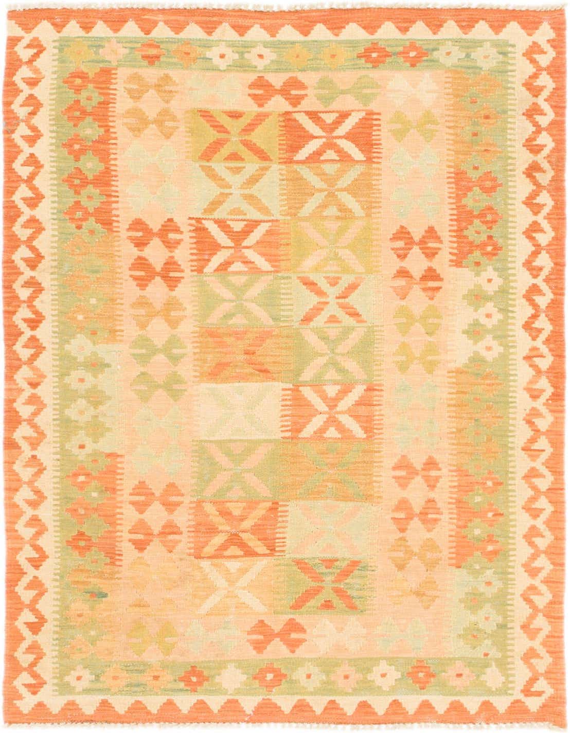 A 3x5 rectangular Kilim Waziri rug featuring traditional tribal patterns in various shades of orange and hints of green.