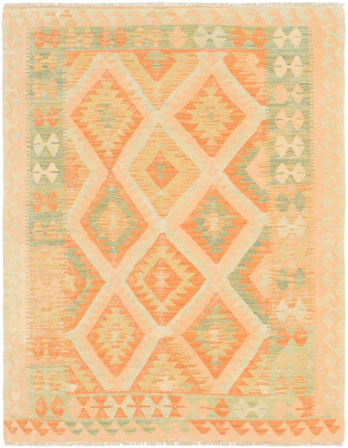 A 3x5 rectangular Kilim Waziri wool rug featuring a tribal geometric pattern in shades of orange, peach, and light green.