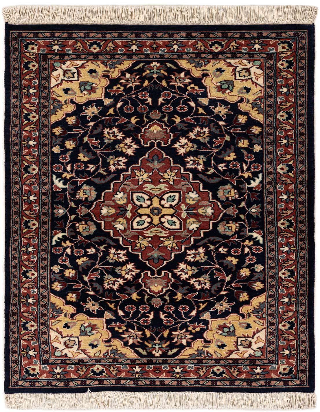 A 3x5 rectangular Lahour rug with a traditional floral pattern in oranges, reds, and gold on a dark blue background, featuring a decorative border and fringe.