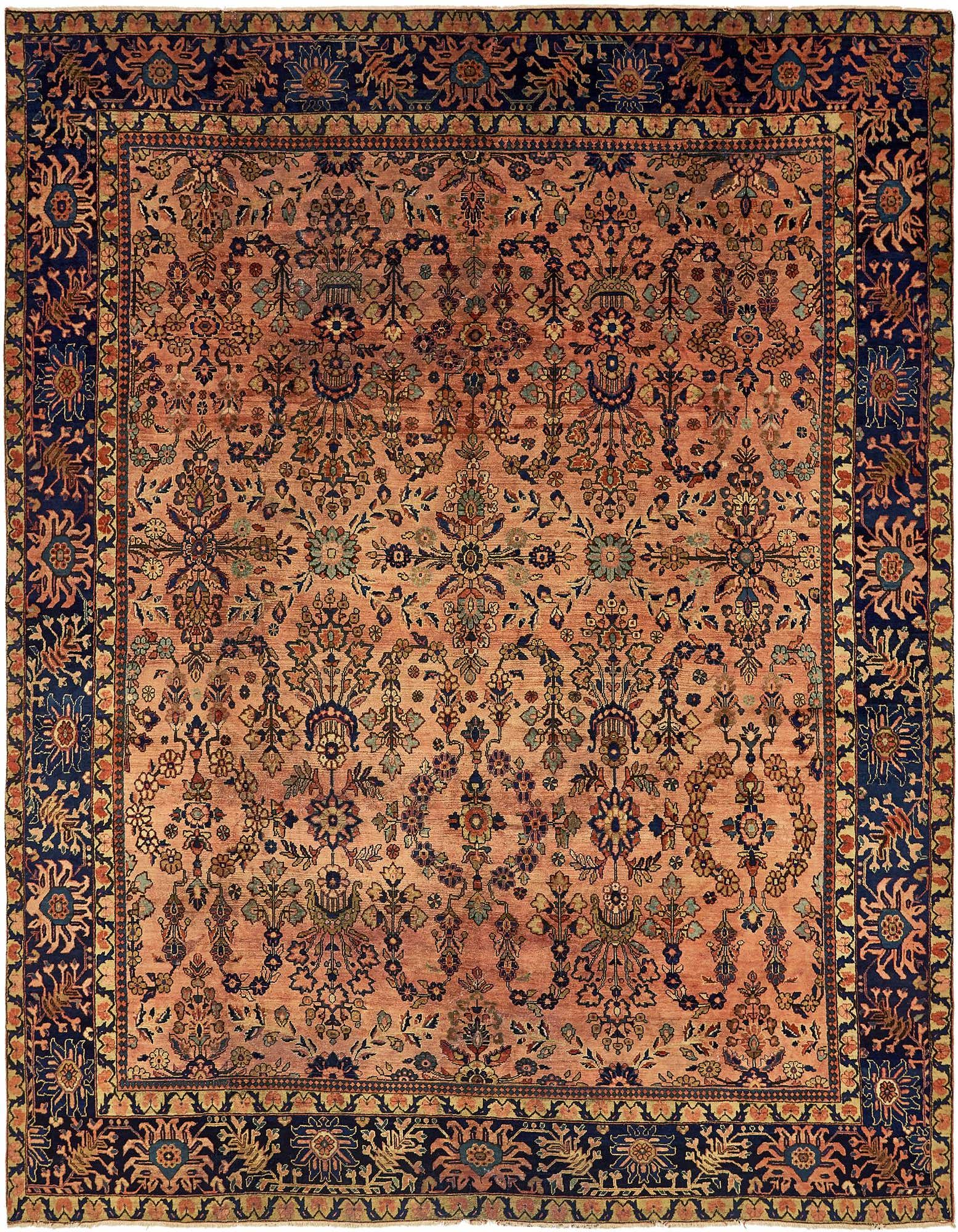 A 10x14 rectangular Liliyan Persian rug featuring a traditional botanical medallion pattern in shades of orange and navy blue.